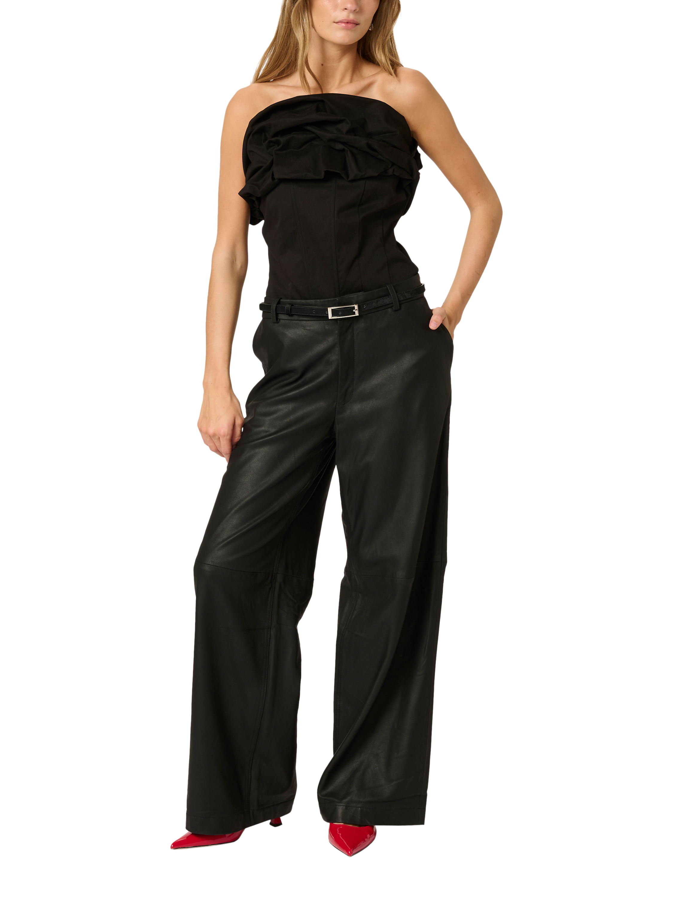 Product image 3 of 4, which shows MY ESSENTIAL WARDROBE Glam Sleeveless Ruffle Top, Black, 8