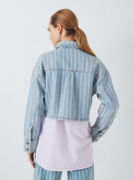 John Lewis ANYDAY Stripe Cropped Denim Jacket, Blue - view 2, Blue