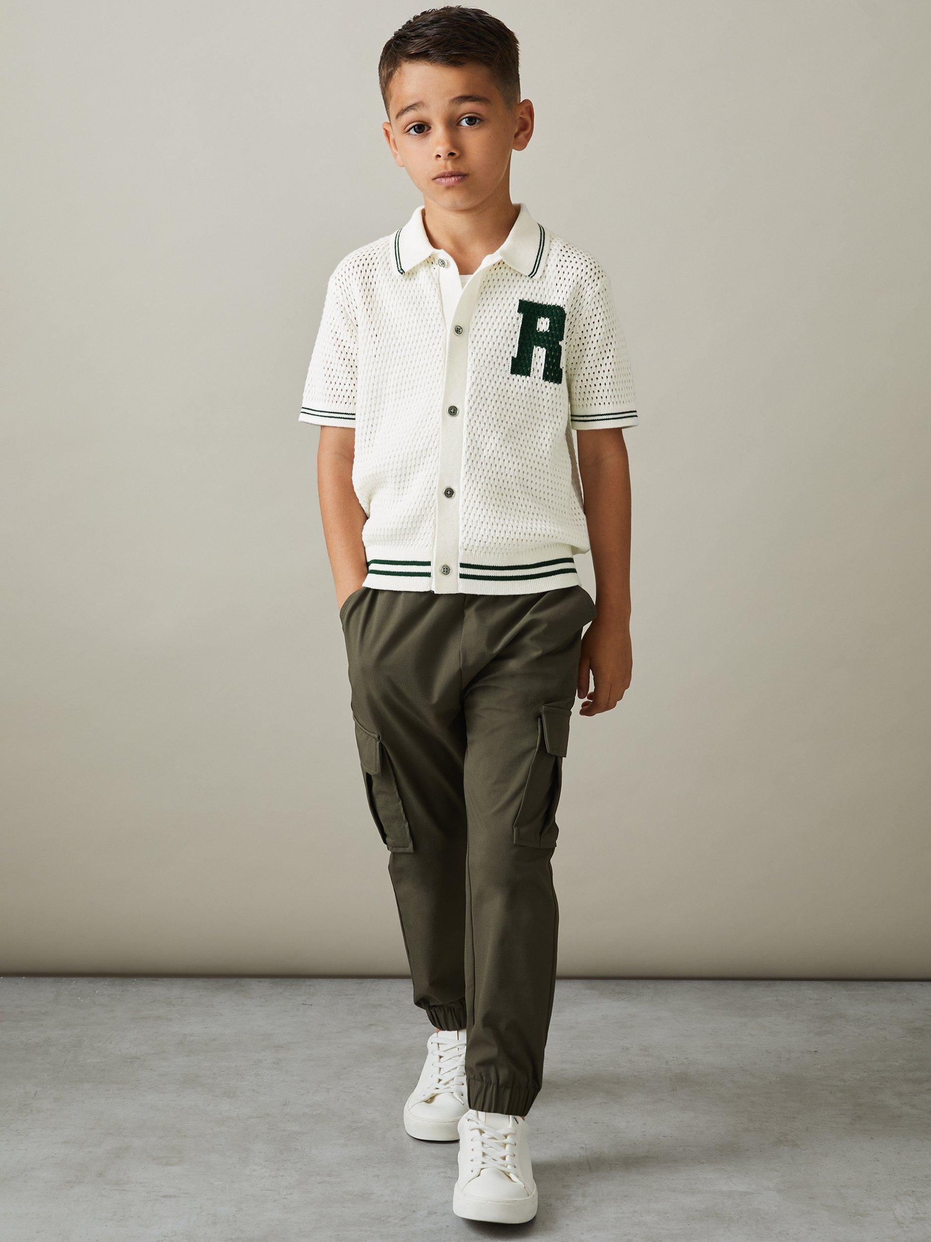 Reiss Kids' Mikan Cotton Open-Stitch Motif Shirt, White/Dark Green