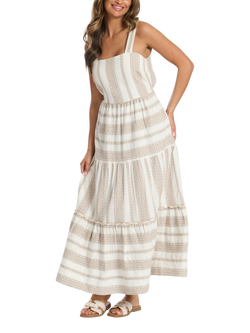 South Beach Square Neck Jacquard Maxi Dress, Taupe/White, Taupe/White