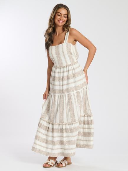 South Beach Square Neck Jacquard Maxi Dress, Taupe/White, Taupe/White