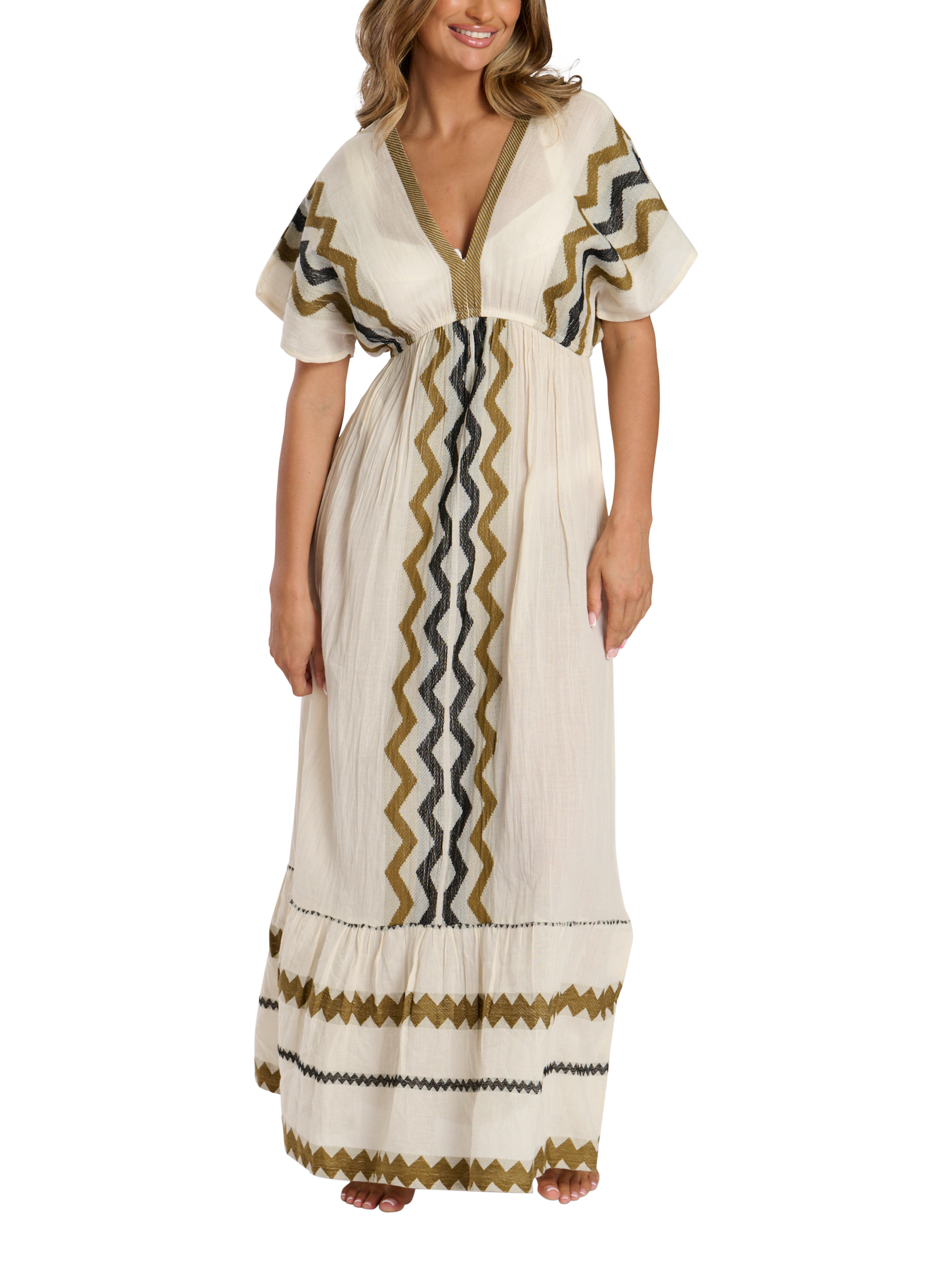 Product image 1 of 4, which shows South Beach V Neck Jacquard Maxi Dress, Cream/Multi, 10