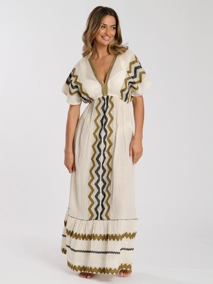 South Beach V Neck Jacquard Maxi Dress, Cream/Multi, Cream/Multi