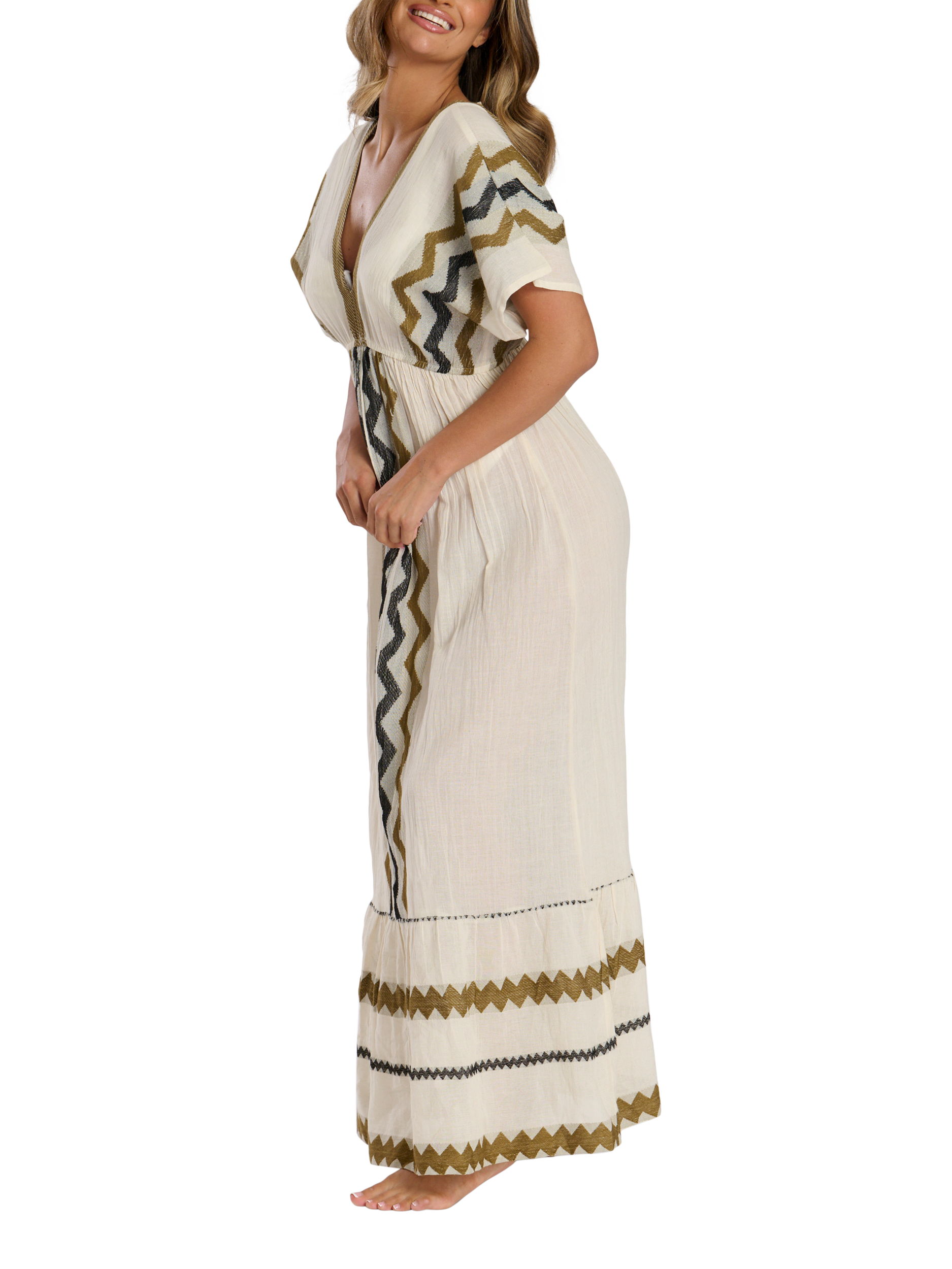 Product image 2 of 4, which shows South Beach V Neck Jacquard Maxi Dress, Cream/Multi, 10