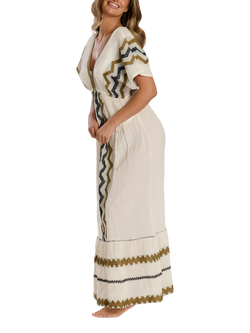 South Beach V Neck Jacquard Maxi Dress, Cream/Multi - view 2, Cream/Multi