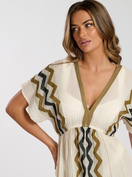 South Beach V Neck Jacquard Maxi Dress, Cream/Multi - view 2, Cream/Multi