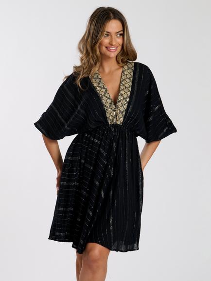 South Beach V Neck Sequin Detail Dress, Black/Gold, Black/Gold