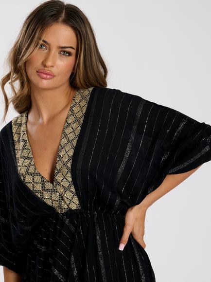 South Beach V Neck Sequin Detail Dress, Black/Gold - view 2, Black/Gold