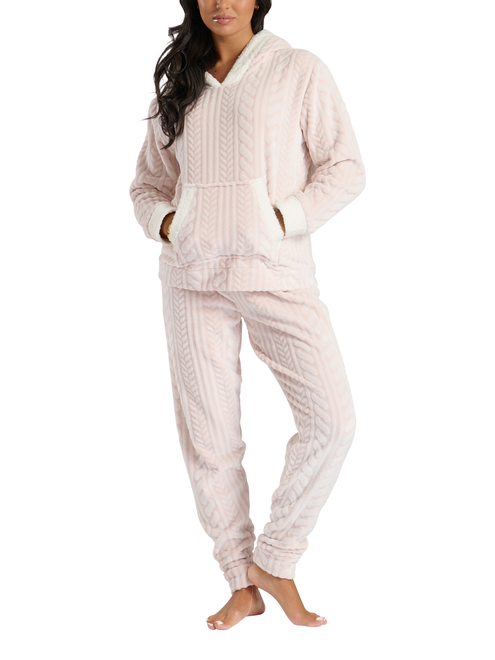 Loungeable Cable Cut Fleece Pyjamas Light Pink