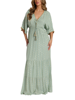 South Beach Metallic Jacquard Spot Tiered Maxi Dress, Green Mid, Green Mid
