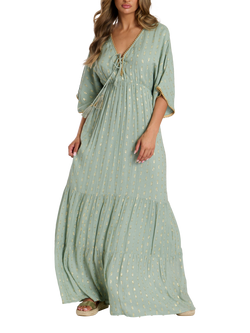 South Beach Metallic Jacquard Spot Tiered Maxi Dress, Green Mid - view 2, Green Mid