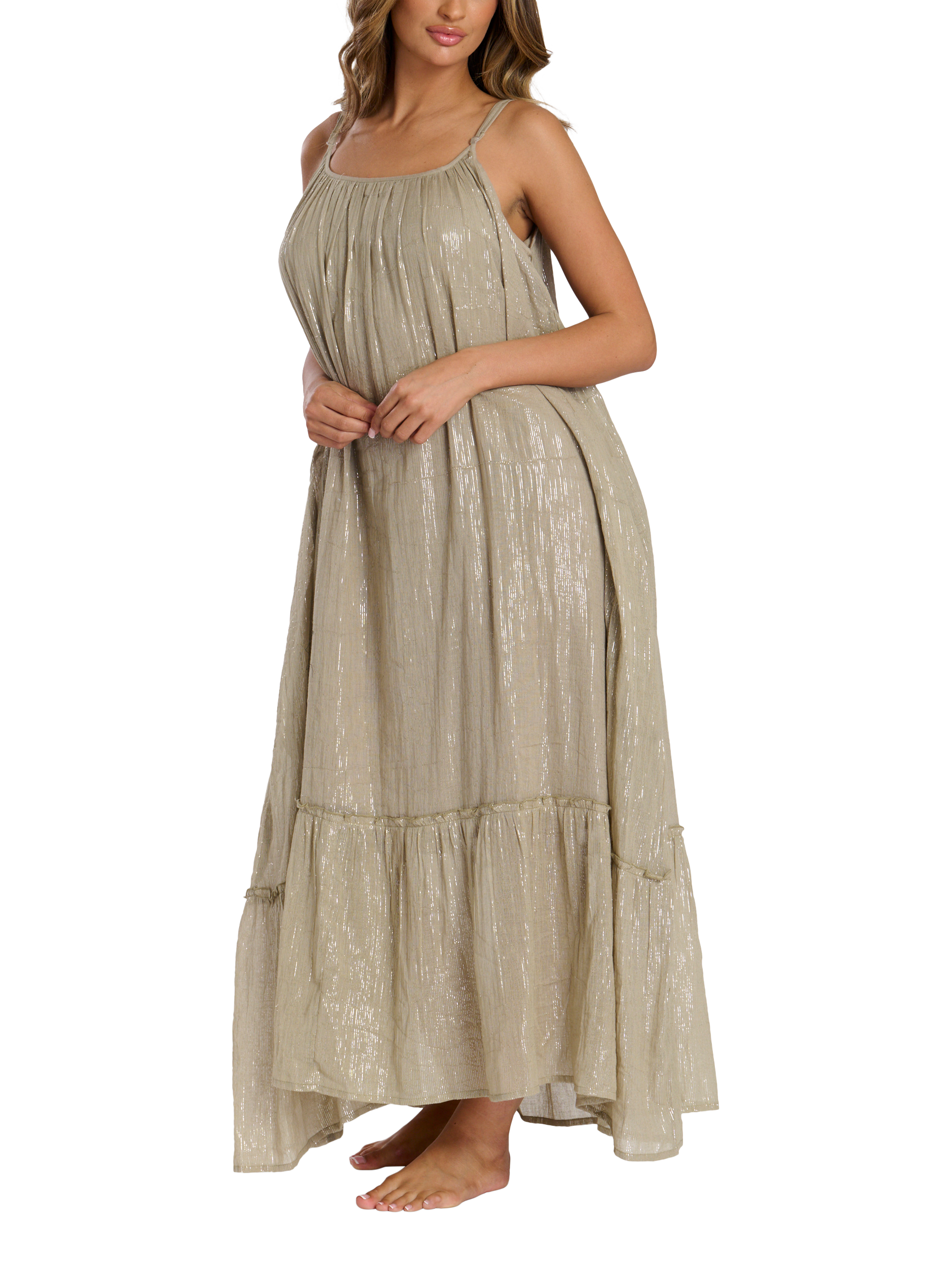 Product image 1 of 4, which shows South Beach Scoop Neck Metallic Strappy Maxi Dress, Green, 10