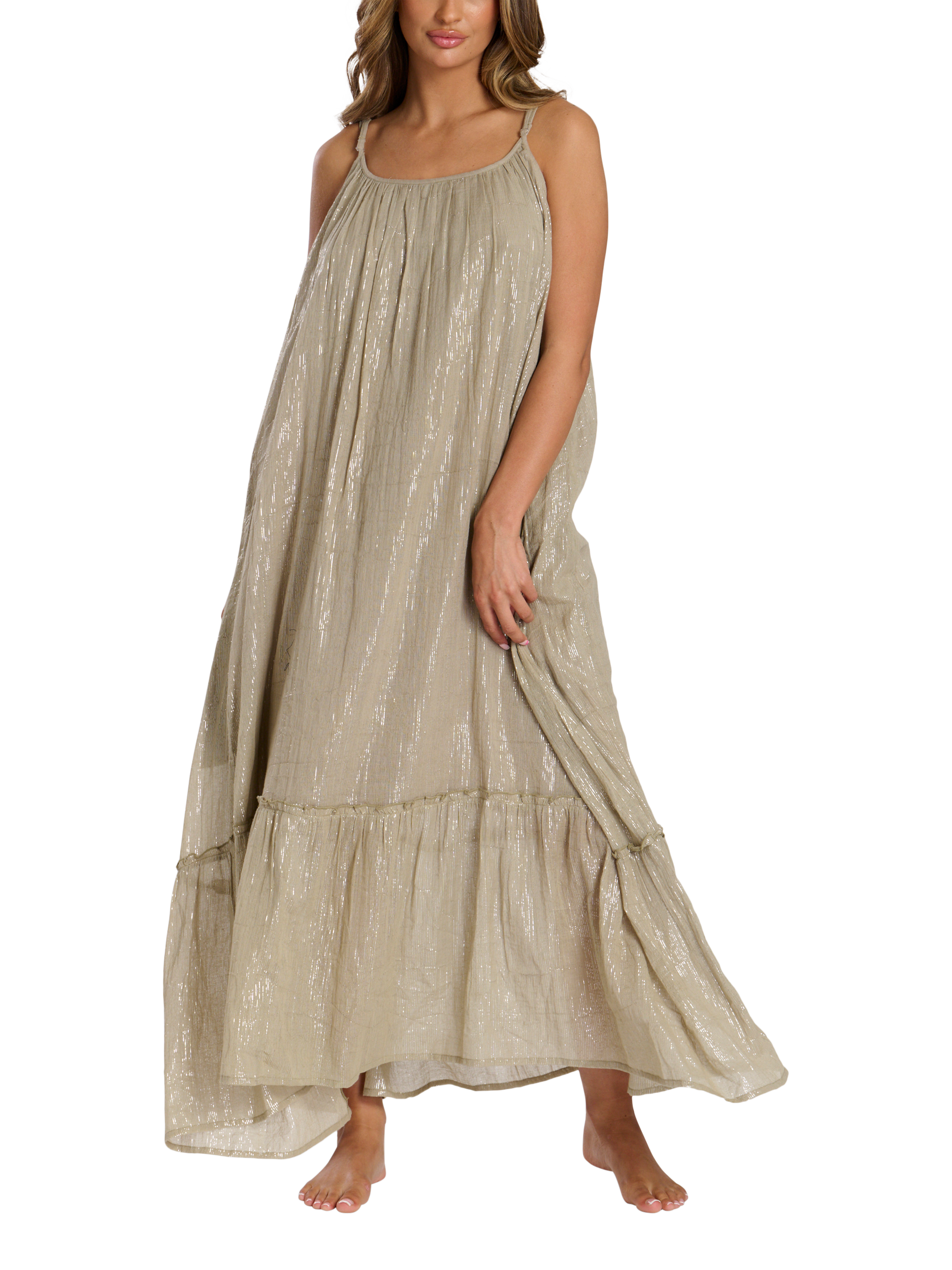 Product image 2 of 4, which shows South Beach Scoop Neck Metallic Strappy Maxi Dress, Green, 10