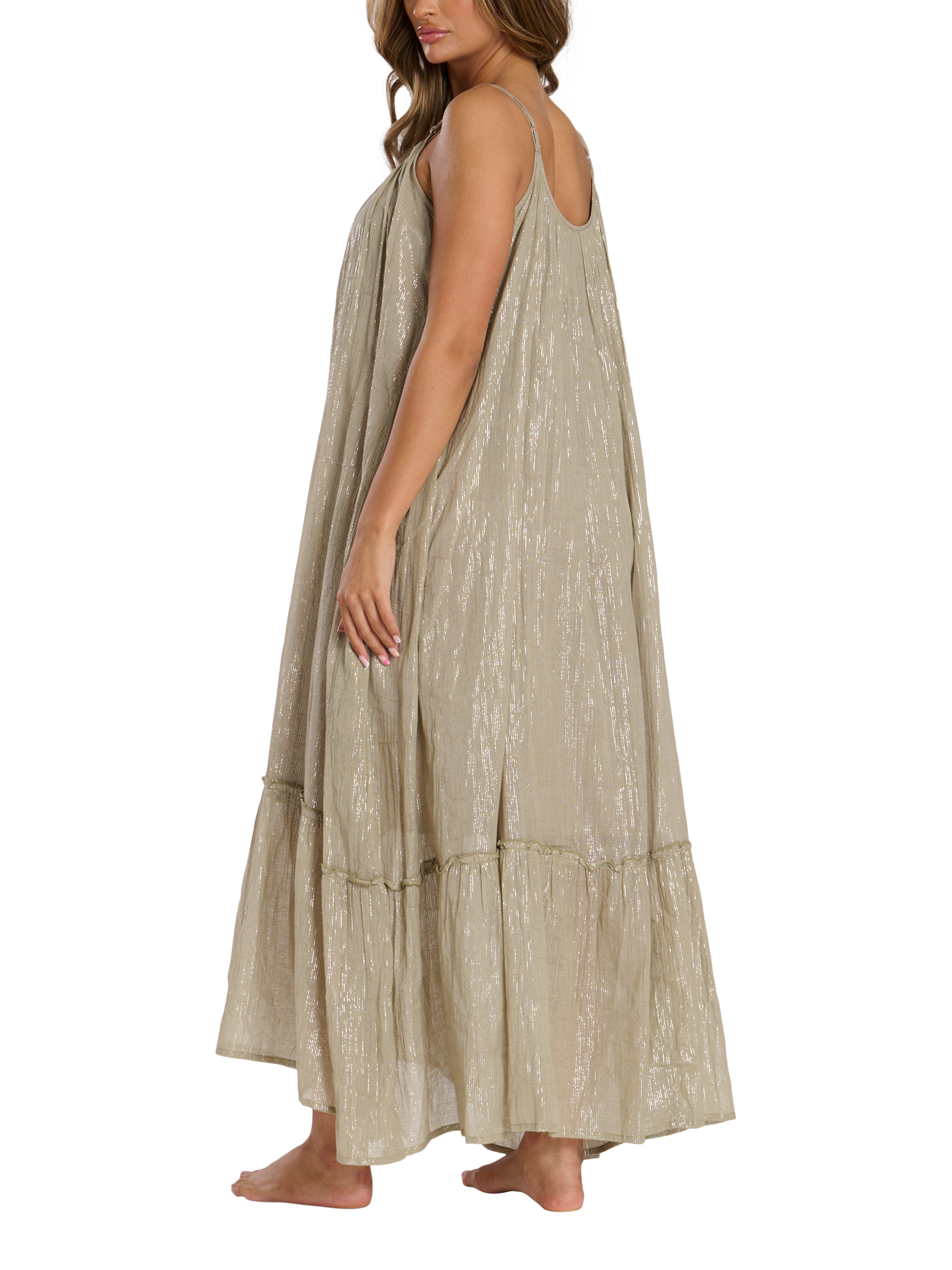 Product image 3 of 4, which shows South Beach Scoop Neck Metallic Strappy Maxi Dress, Green, 10
