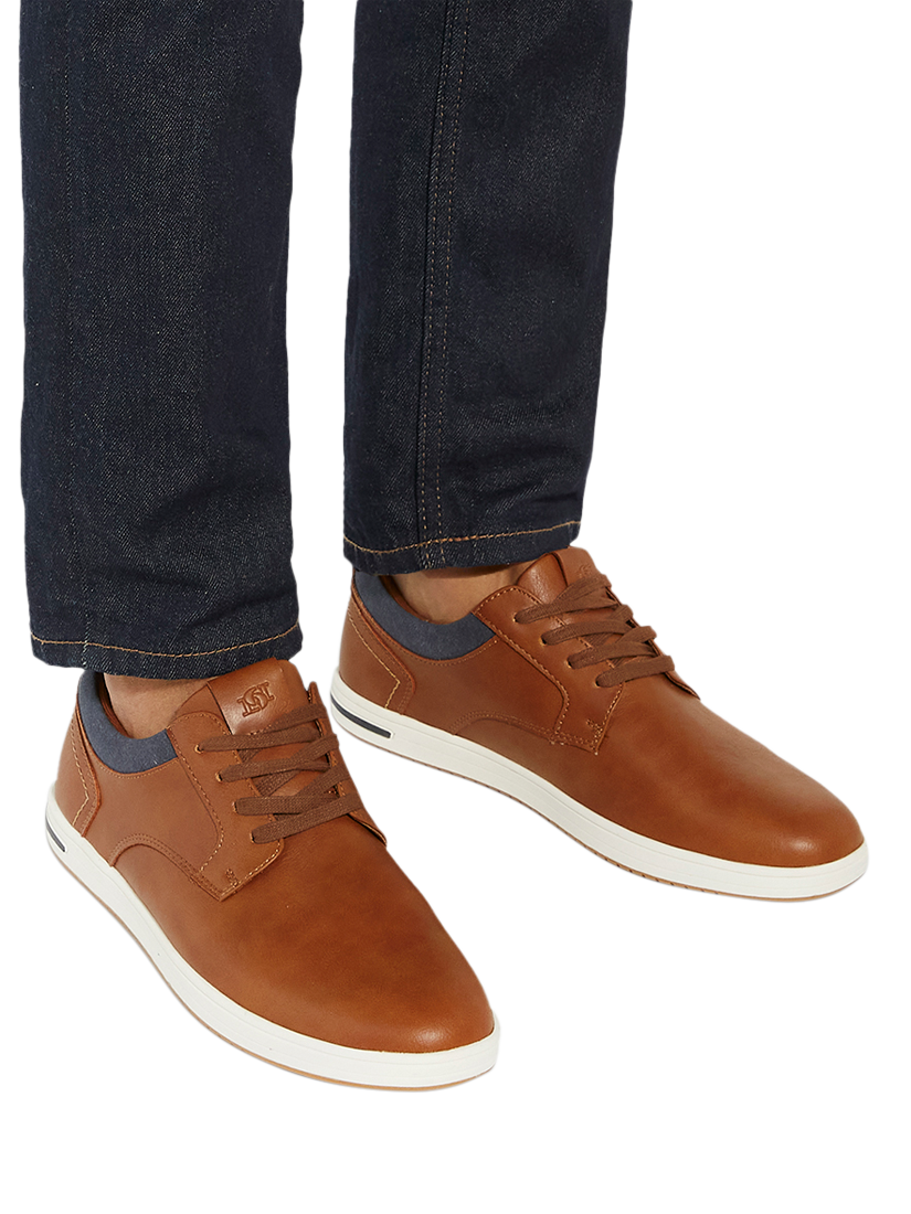 Product image 2 of 5, which shows Dune London Travels Wide Fit Lace-Up Trainers, Tan, 6