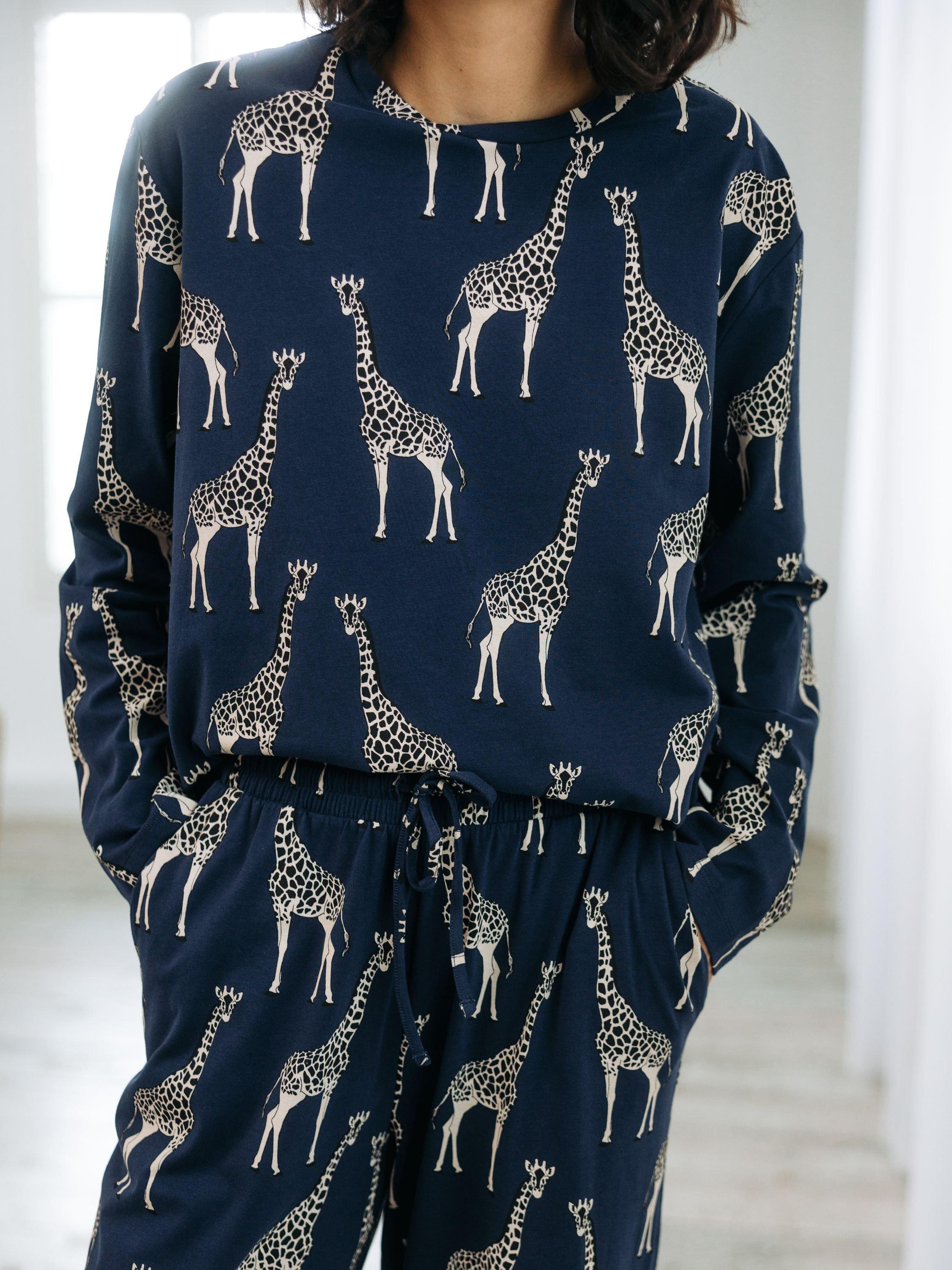 Product image 3 of 5, which shows Chelsea Peers Giraffe Organic Cotton Blend Long Pyjama Set, Navy, 6