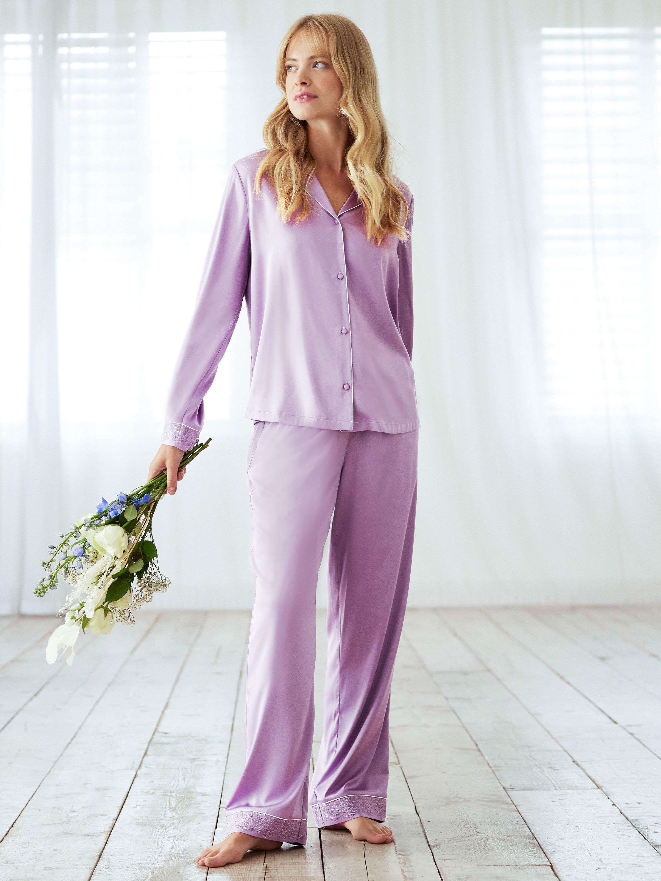 Chelsea Peers Satin Lace Trim Long Pyjama Set, Purple