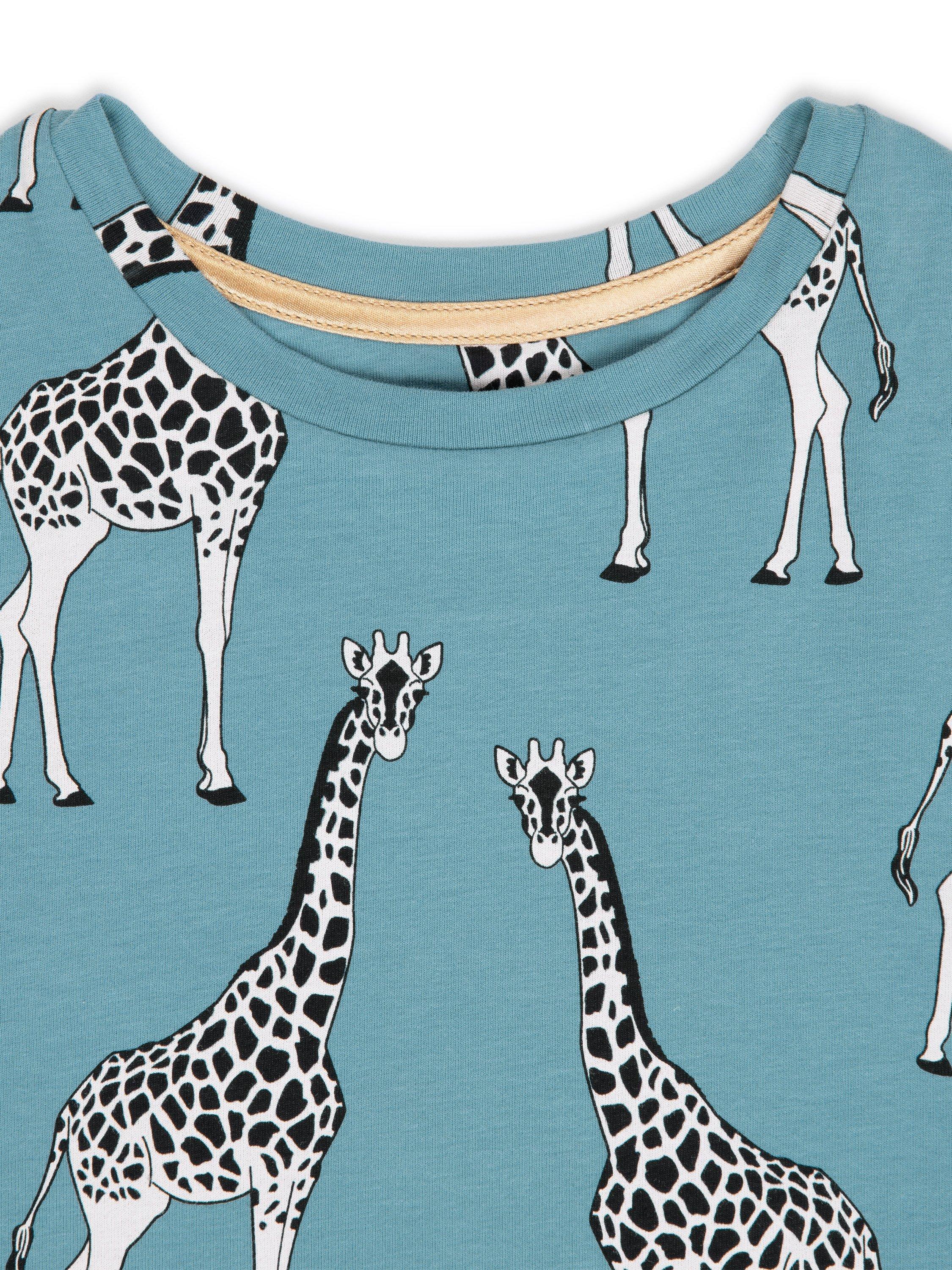 Product image 4 of 4, which shows Chelsea Peers Kids' Organic Cotton Giraffe Print Pyjamas, Blue/Multi, 1-2 years