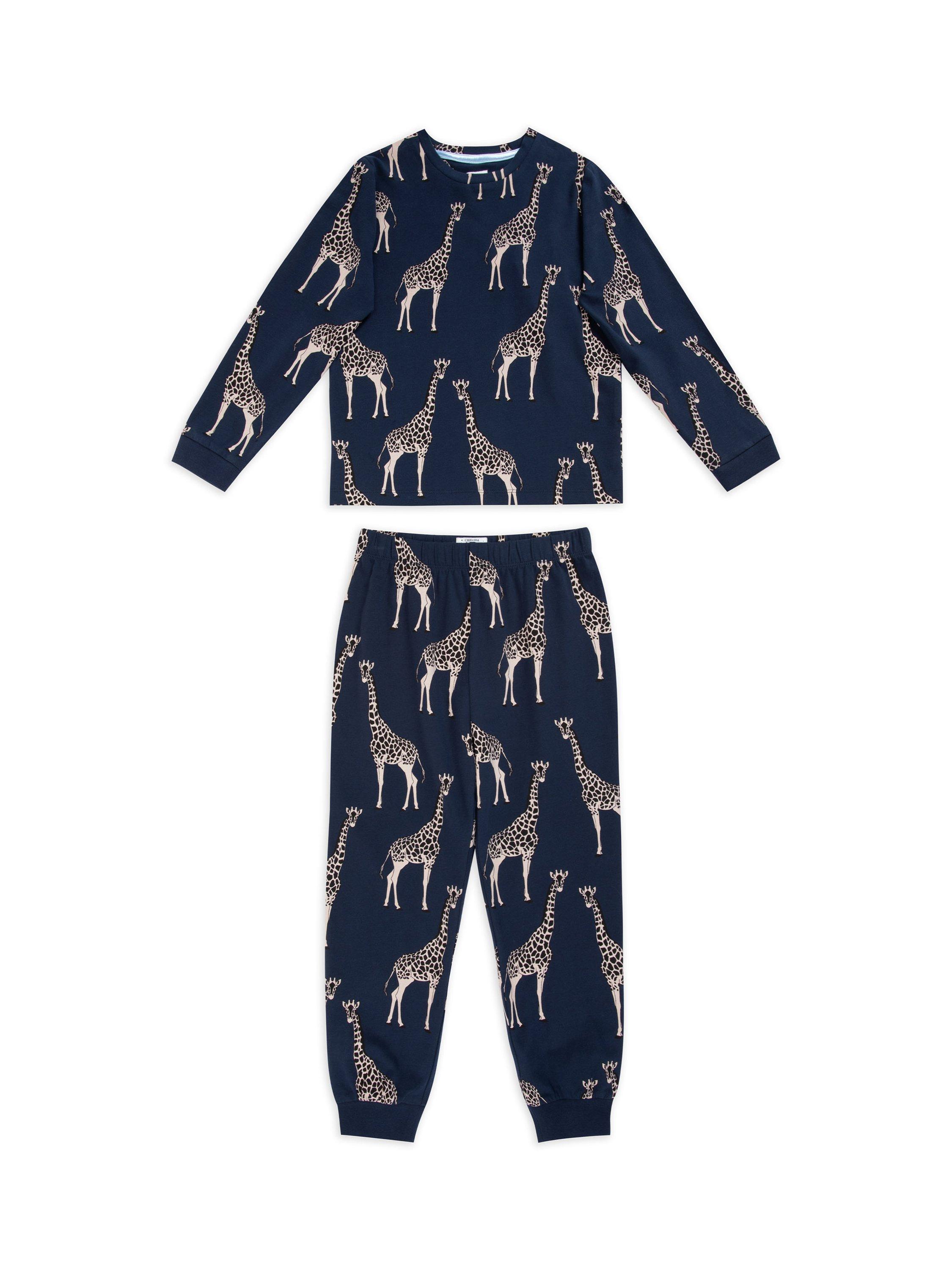 Product image 1 of 3, which shows Chelsea Peers Kids' Organic Cotton Giraffe Print Pyjamas, Navy/Multi, 1-2 years