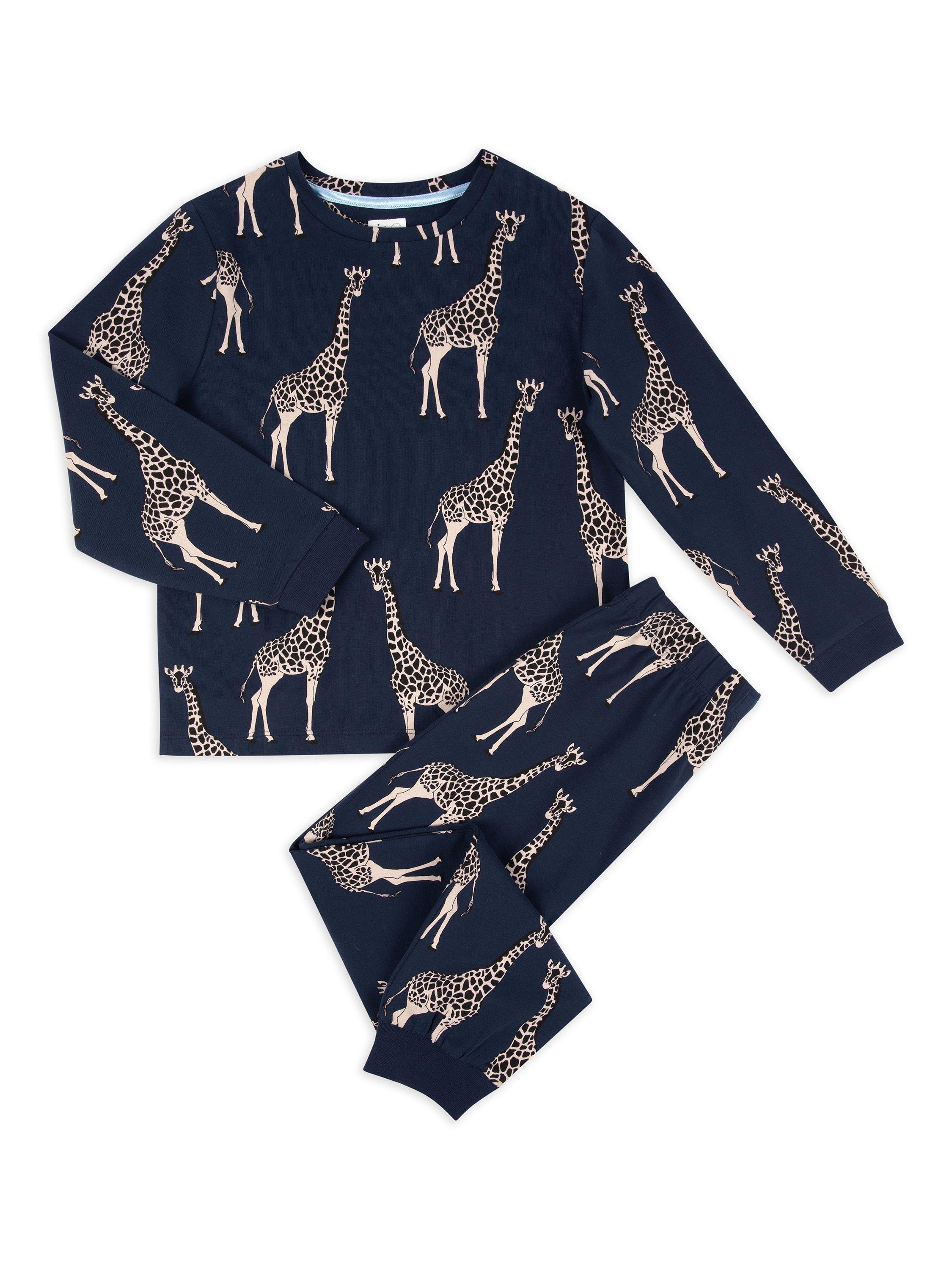 Product image 2 of 3, which shows Chelsea Peers Kids' Organic Cotton Giraffe Print Pyjamas, Navy/Multi, 1-2 years