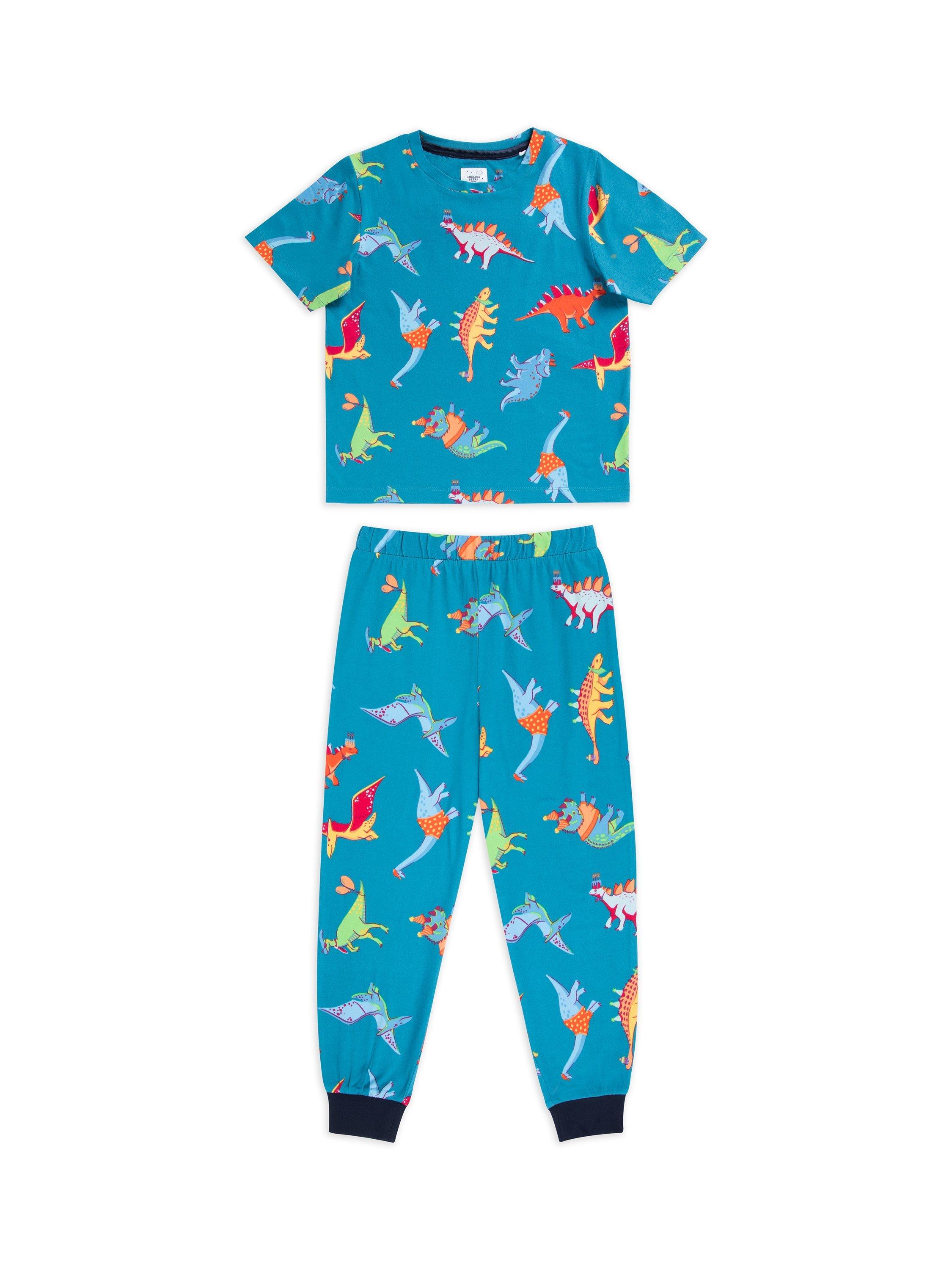Product image 1 of 3, which shows Chelsea Peers Kids' Dinosaurs Jersey Pyjama Set, Teal/Multi, 1-2 years