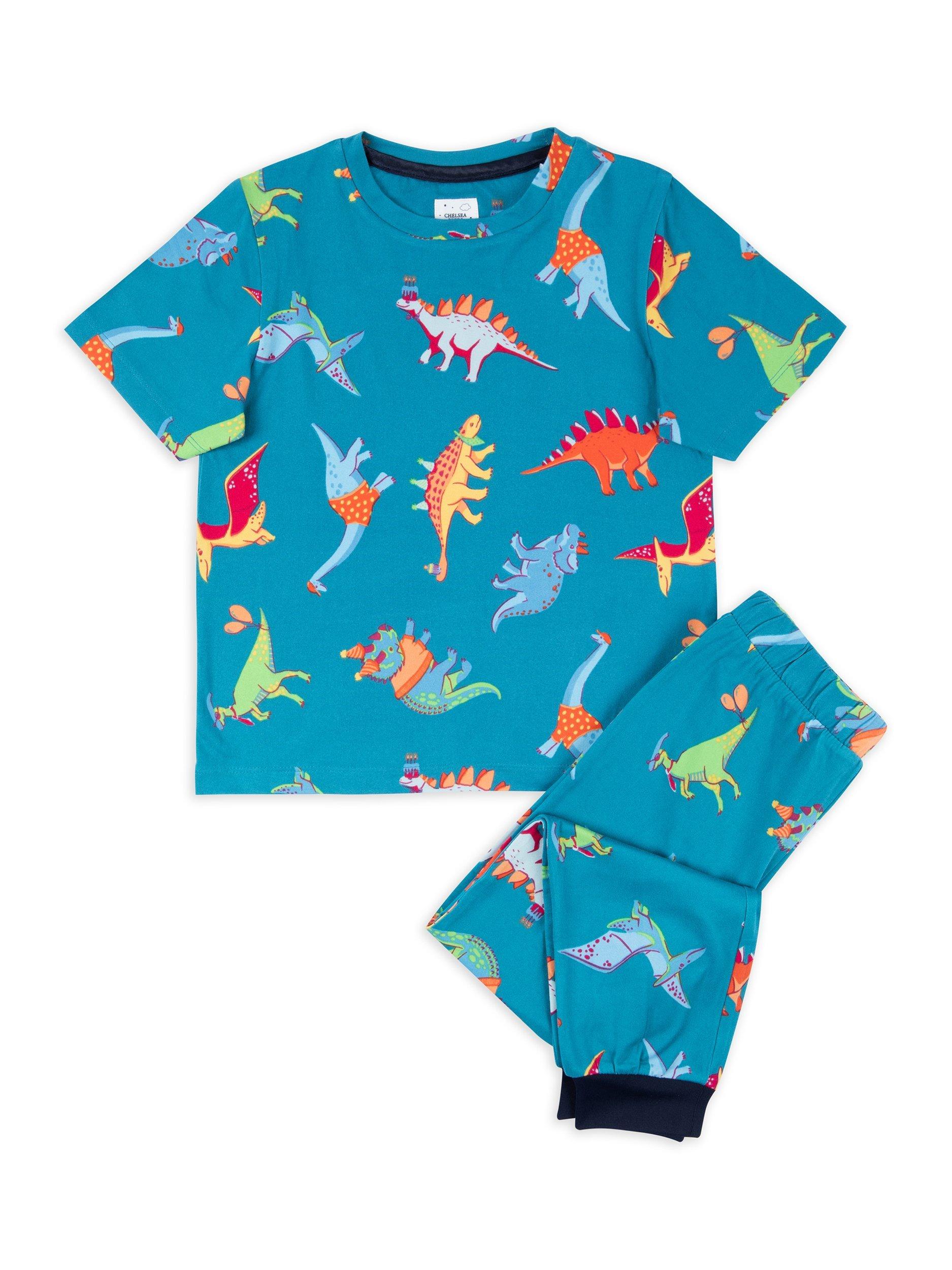 Product image 2 of 3, which shows Chelsea Peers Kids' Dinosaurs Jersey Pyjama Set, Teal/Multi, 1-2 years