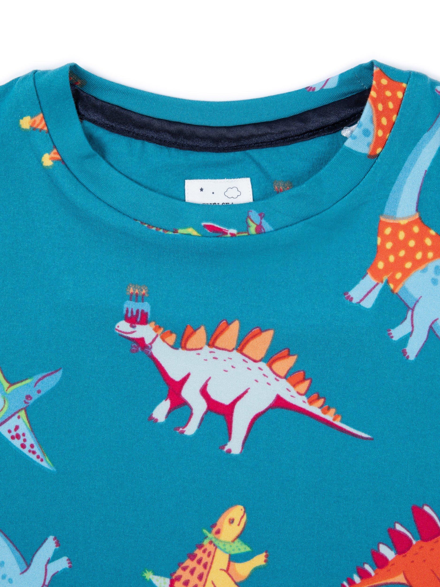 Product image 3 of 3, which shows Chelsea Peers Kids' Dinosaurs Jersey Pyjama Set, Teal/Multi, 1-2 years