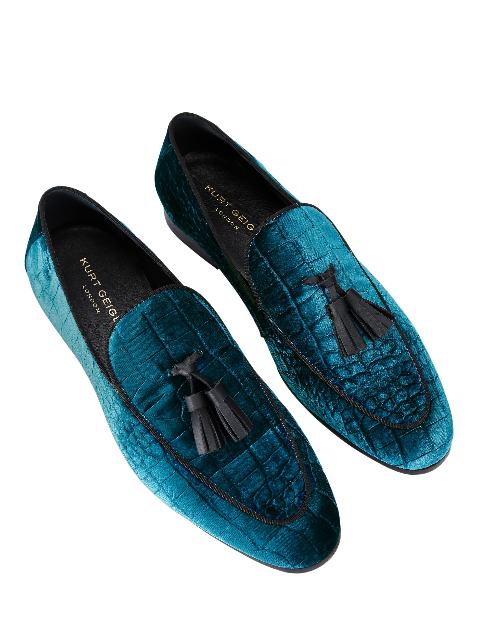 Product image 2 of 4, which shows Kurt Geiger London Henry Velvet Croc Embossed Slip On Loafers, Teal, 6