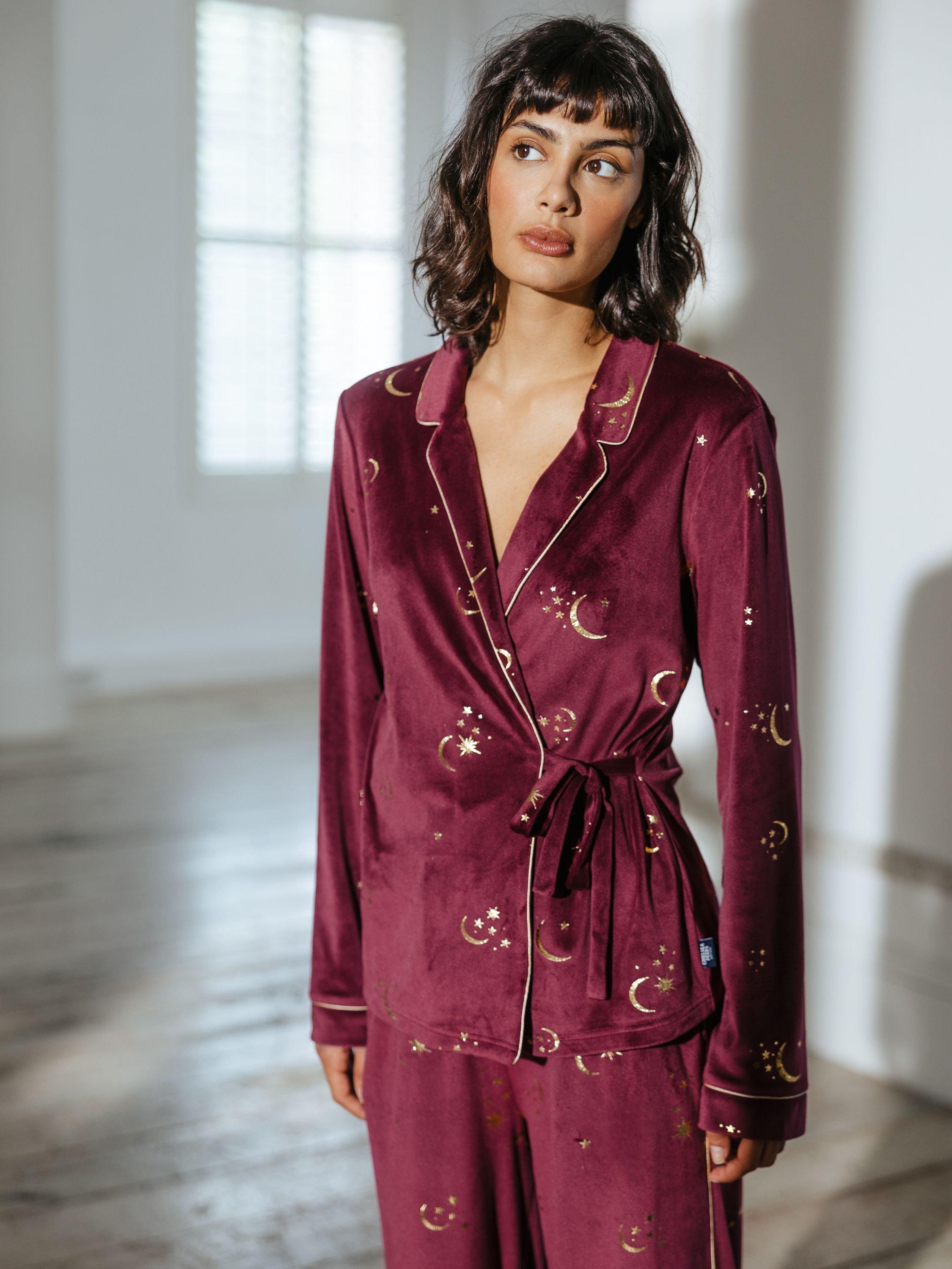 Product image 3 of 6, which shows Chelsea Peers Moon & Stars Velour Wrap Pyjama Set, Burgundy/Gold, 6