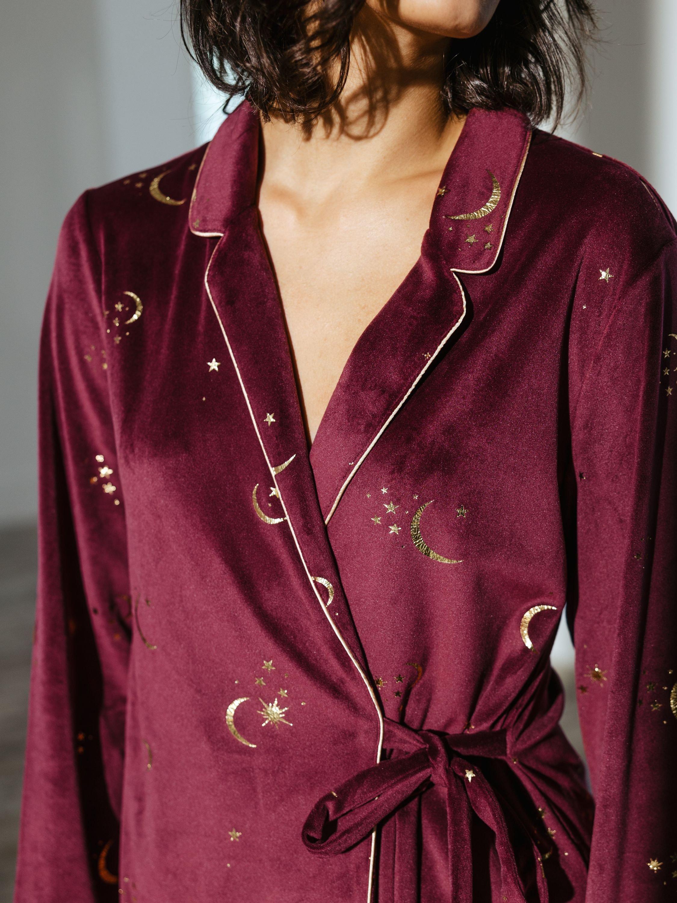 Product image 4 of 6, which shows Chelsea Peers Moon & Stars Velour Wrap Pyjama Set, Burgundy/Gold, 6