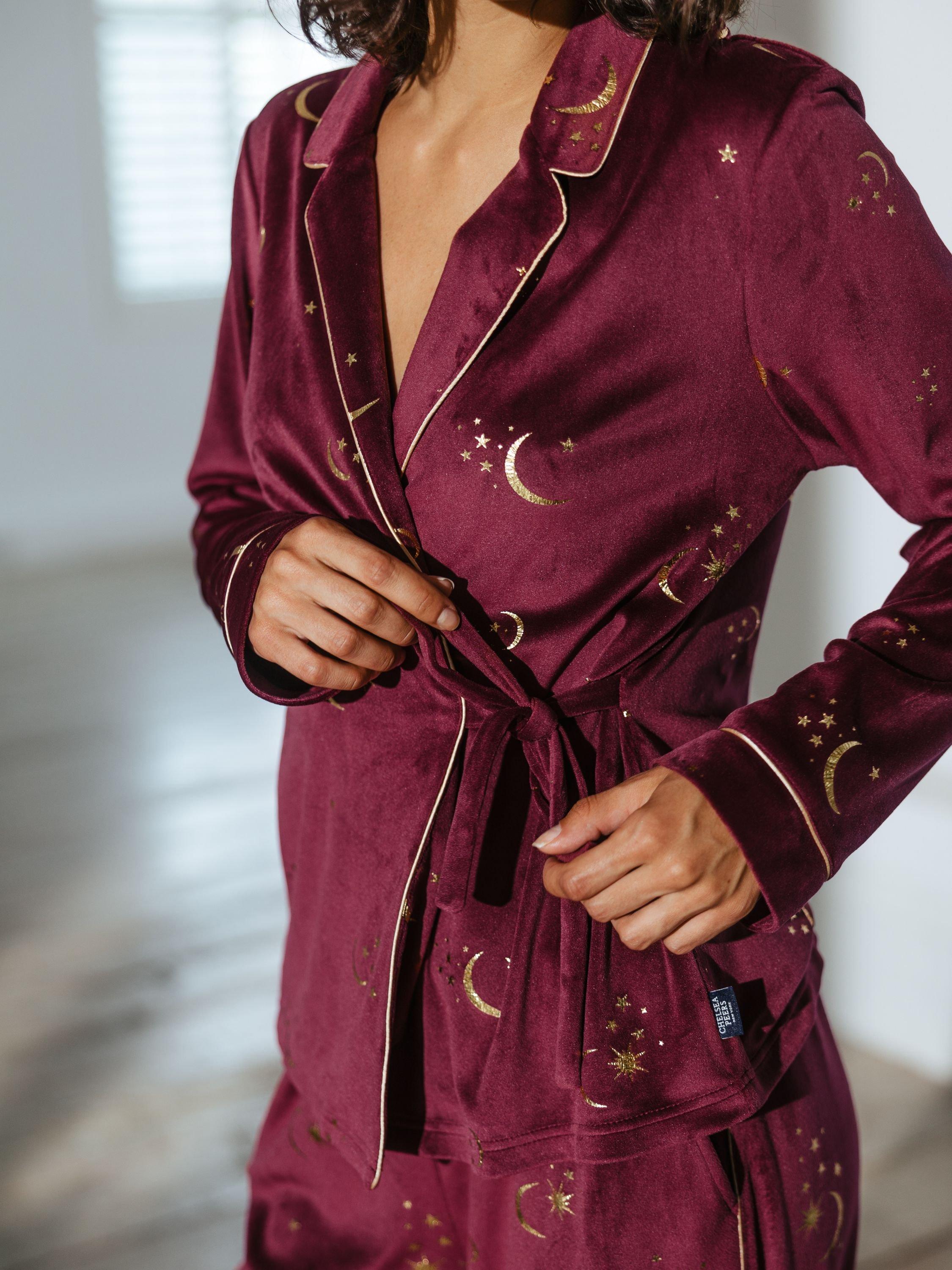 Product image 5 of 6, which shows Chelsea Peers Moon & Stars Velour Wrap Pyjama Set, Burgundy/Gold, 6