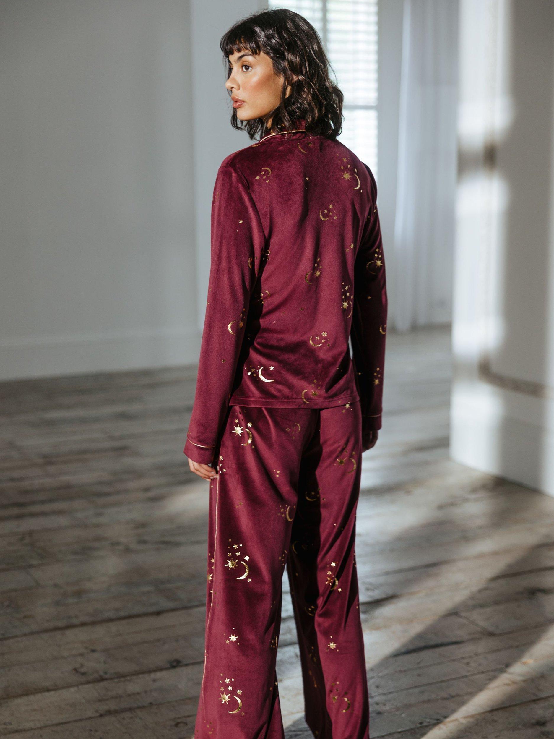 Product image 6 of 6, which shows Chelsea Peers Moon & Stars Velour Wrap Pyjama Set, Burgundy/Gold, 6