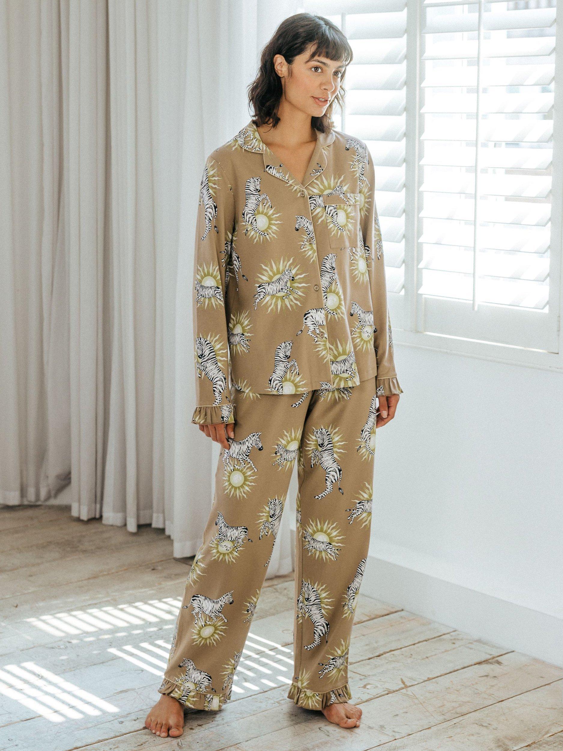 Chelsea Peers Organic Cotton Blend Celestial Zebra Shirt Long Pyjama Set Brown Multi