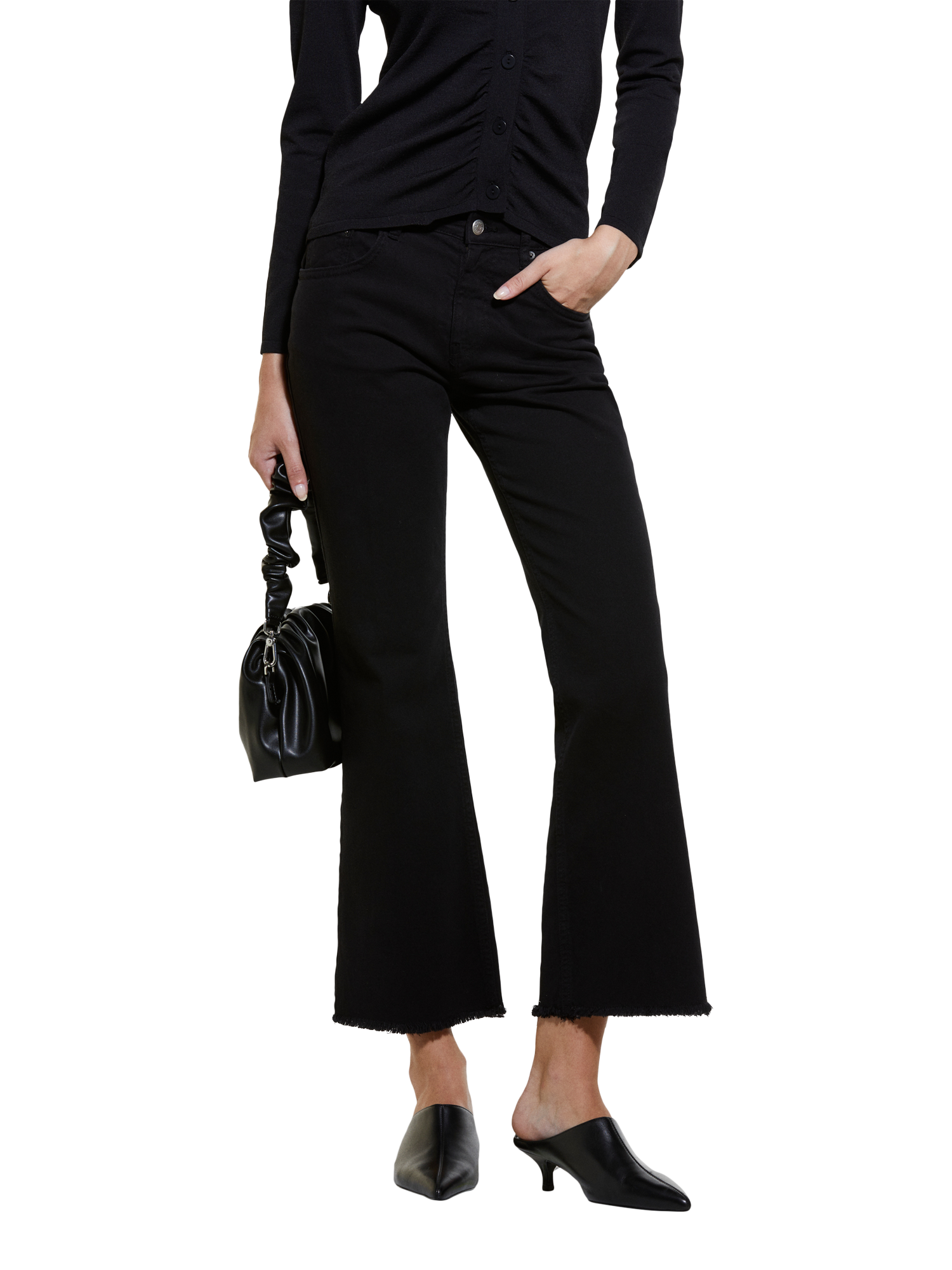 Product image 1 of 5, which shows SISLEY Flared Frayed Hem Jeans, Black, 26R