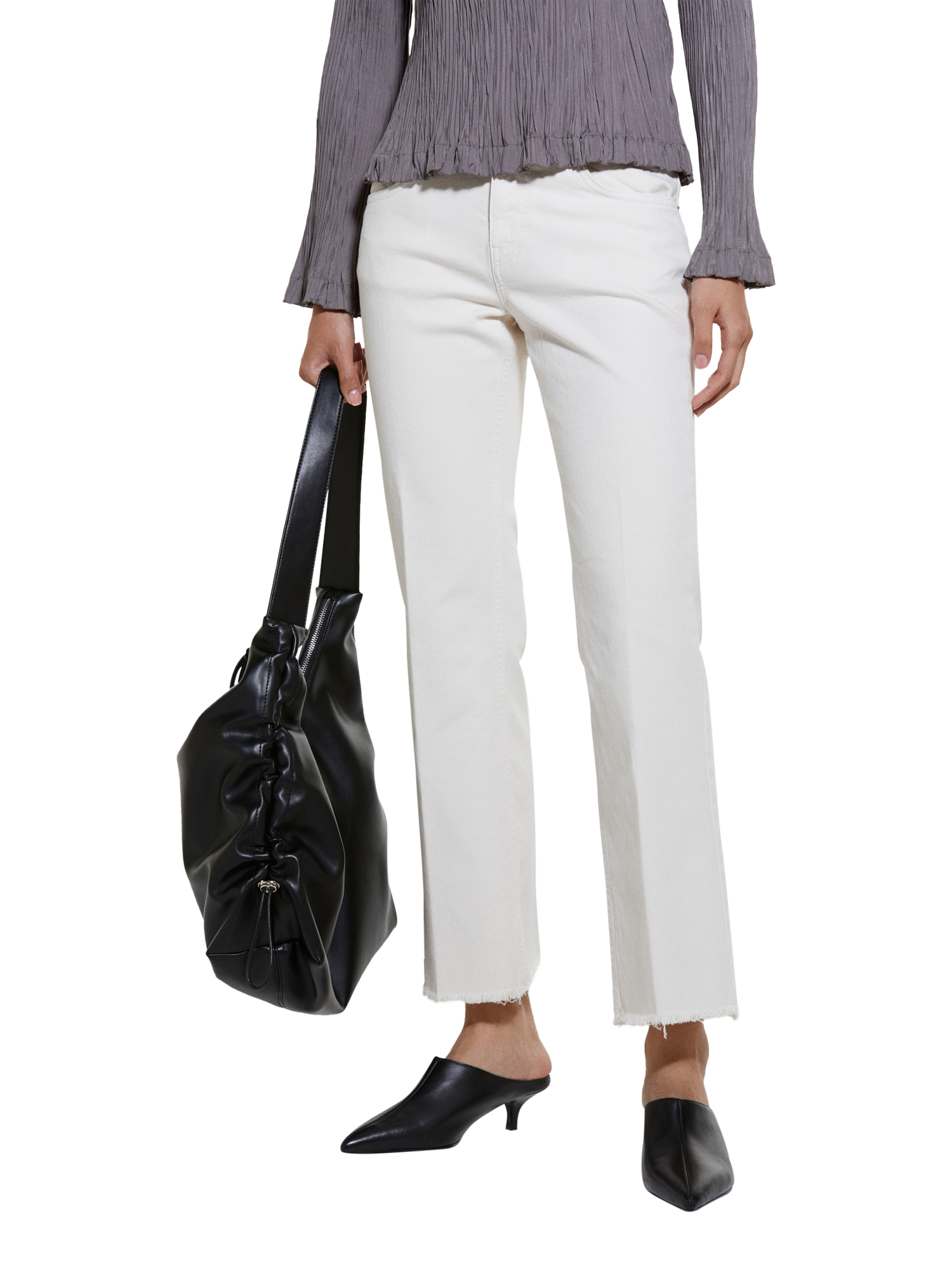 Product image 1 of 6, which shows SISLEY Flared Frayed Hem Jeans, Cream, 26R