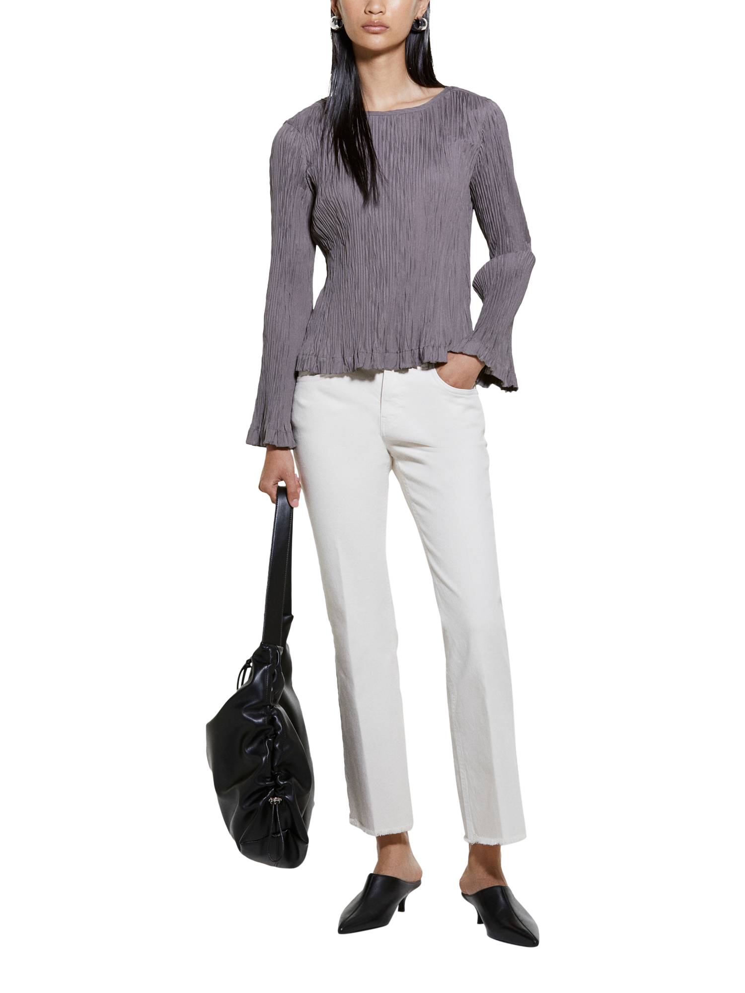 Product image 3 of 6, which shows SISLEY Flared Frayed Hem Jeans, Cream, 26R