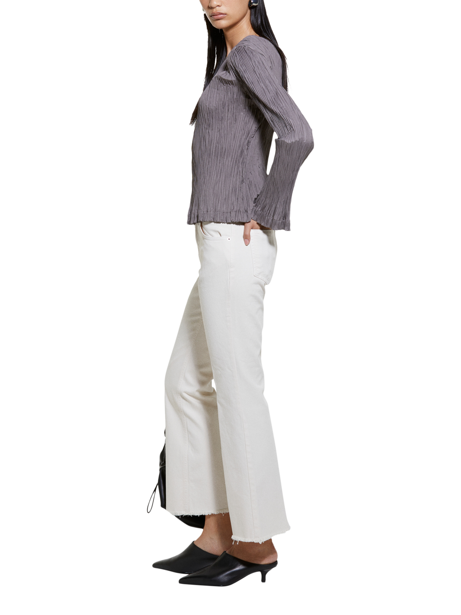 Product image 4 of 6, which shows SISLEY Flared Frayed Hem Jeans, Cream, 26R