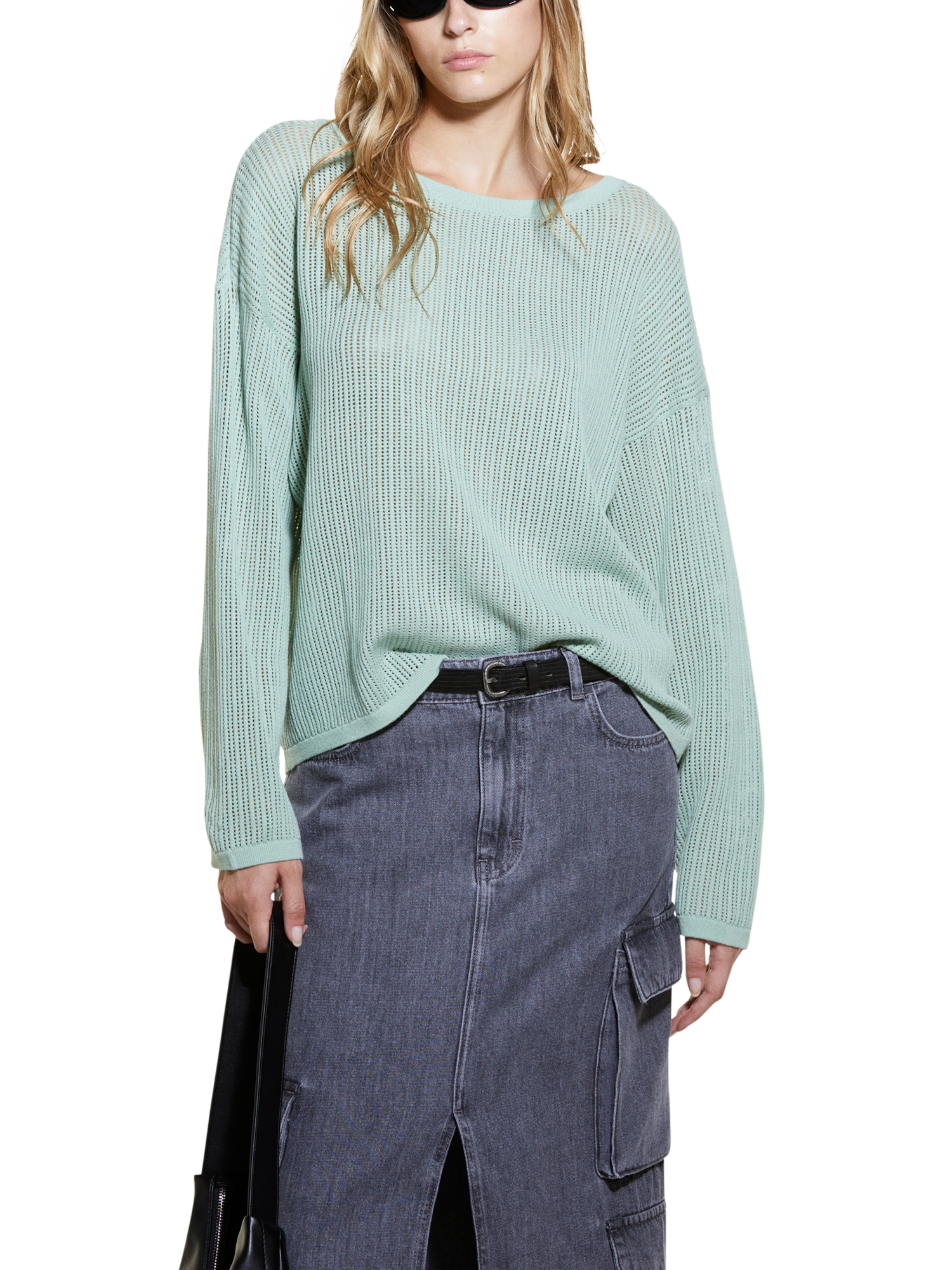 SISLEY Oversized Boat Neck Jumper, Aqua