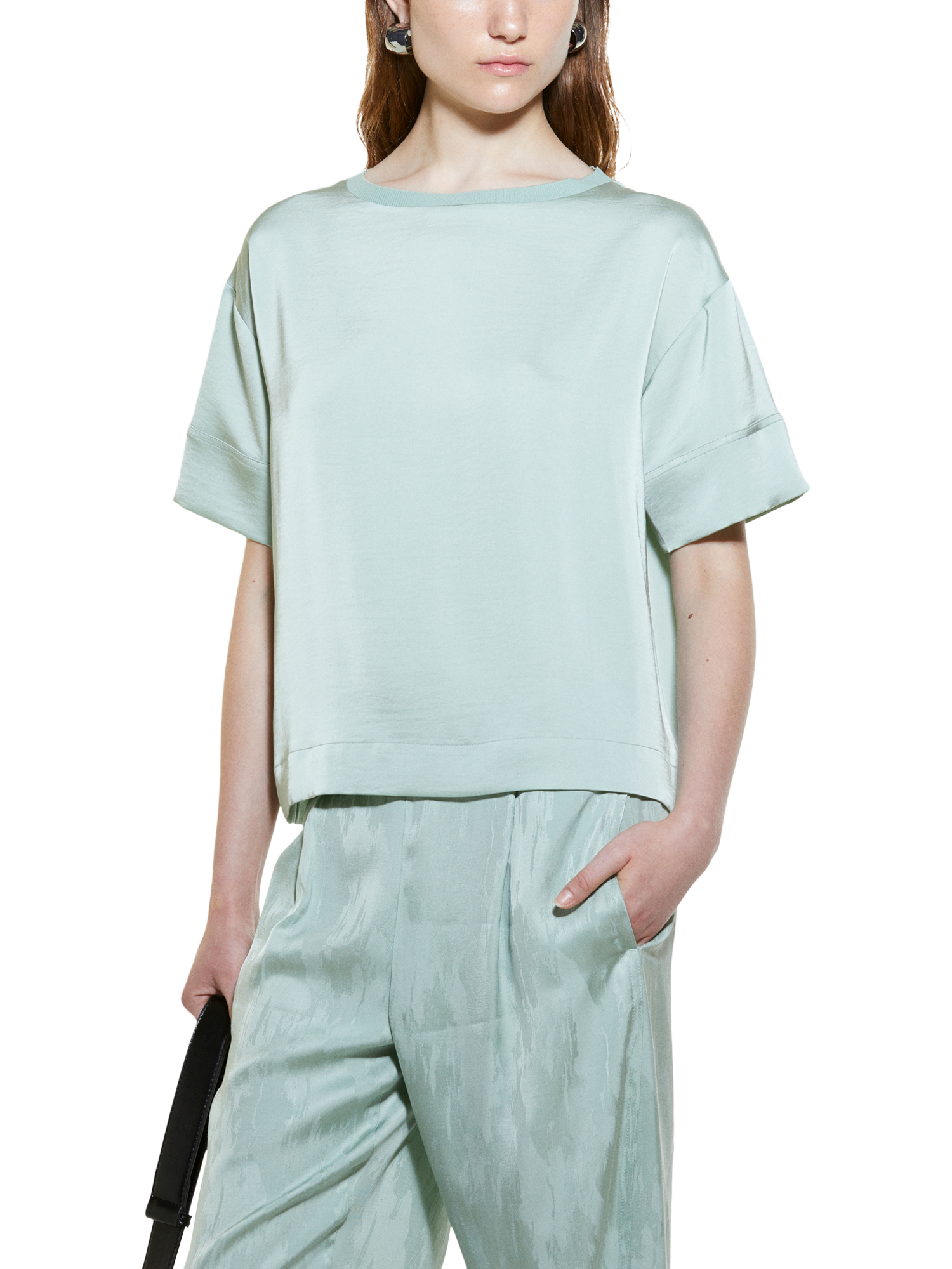 Product image 1 of 4, which shows SISLEY Satin Short Sleeve Top, Light Green, XS