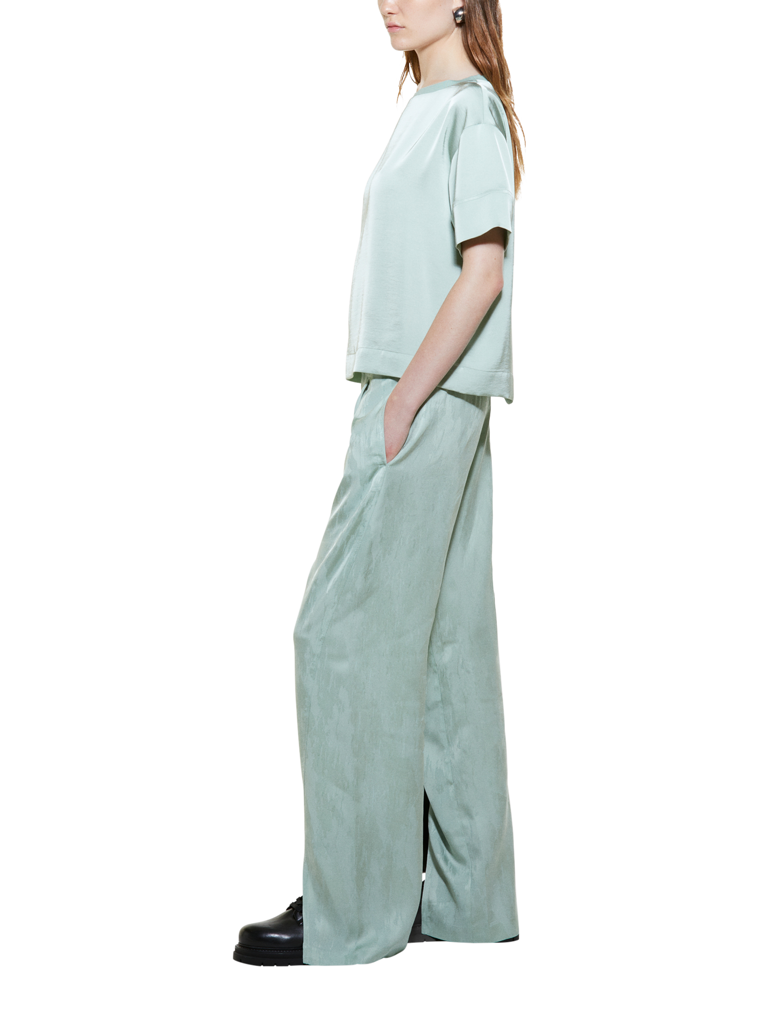 Product image 4 of 4, which shows SISLEY Satin Short Sleeve Top, Light Green, XS