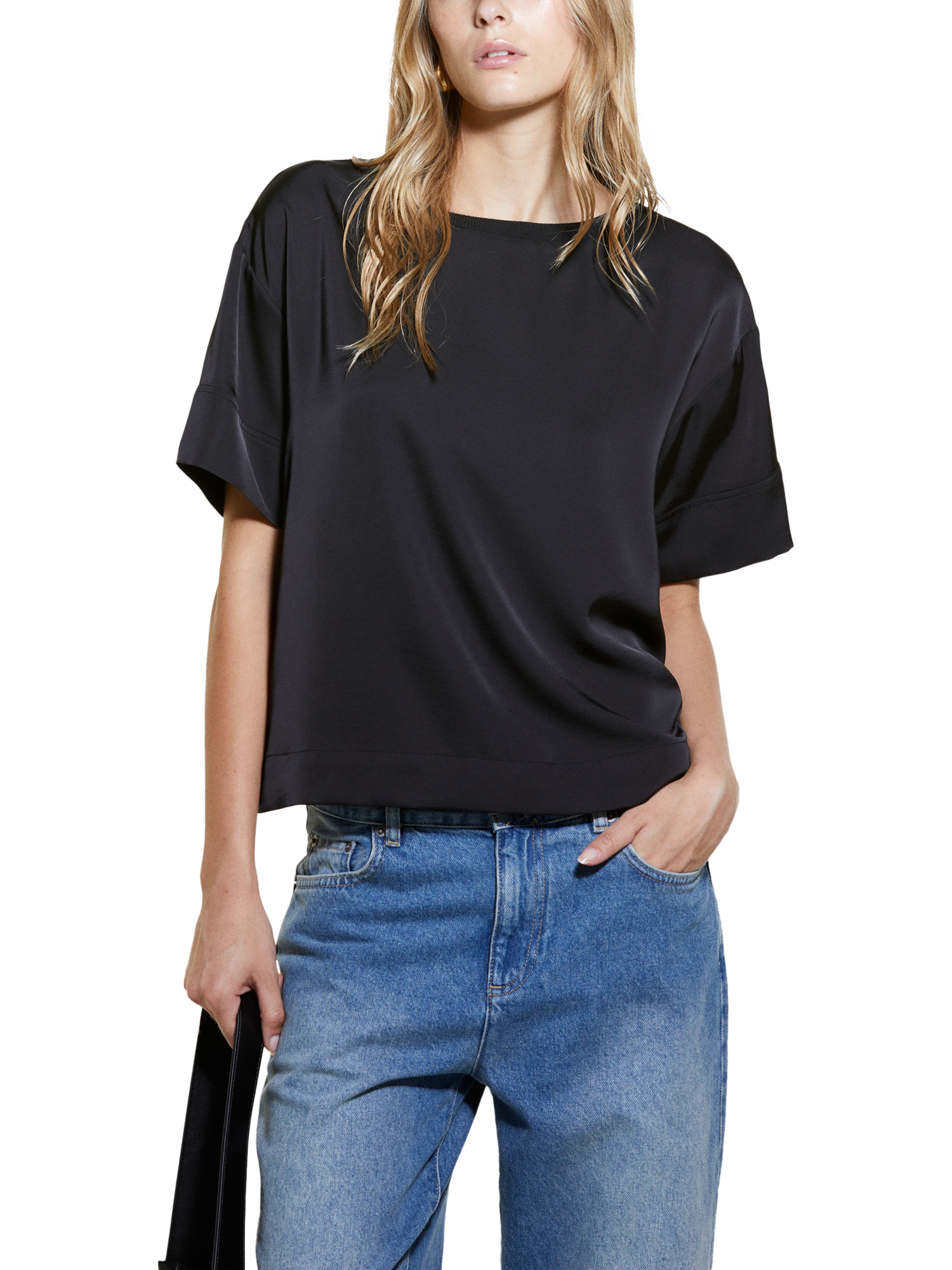 SISLEY Satin Short Sleeve Top, Black