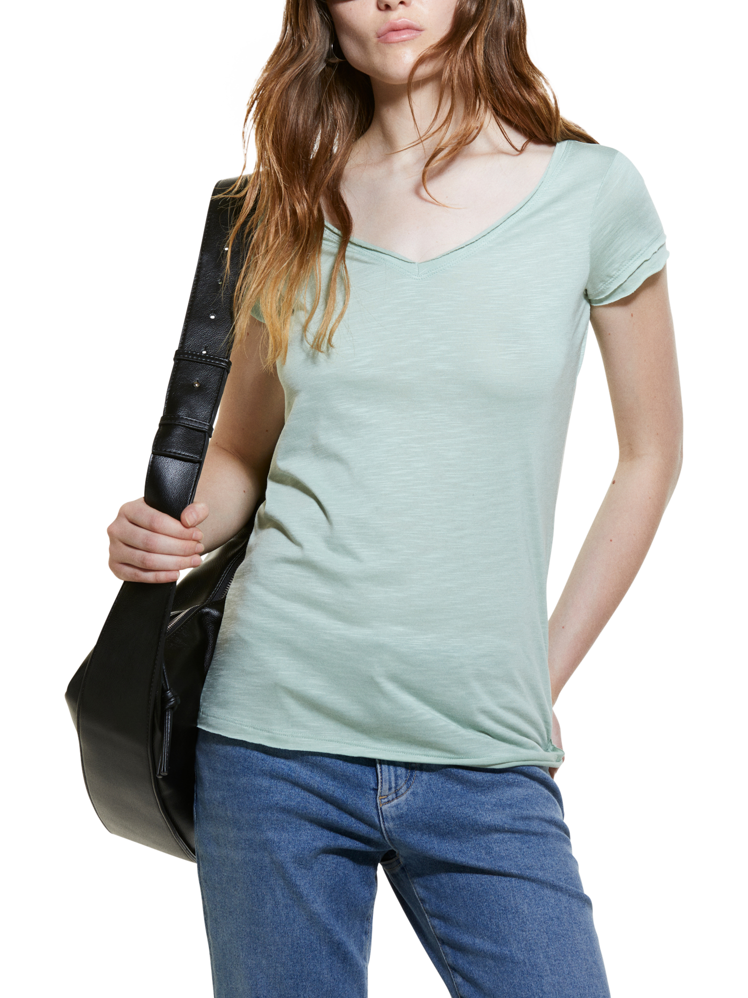 Product image 1 of 5, which shows SISLEY Cotton Blend V-Neck T-Shirt, Light Green, XS