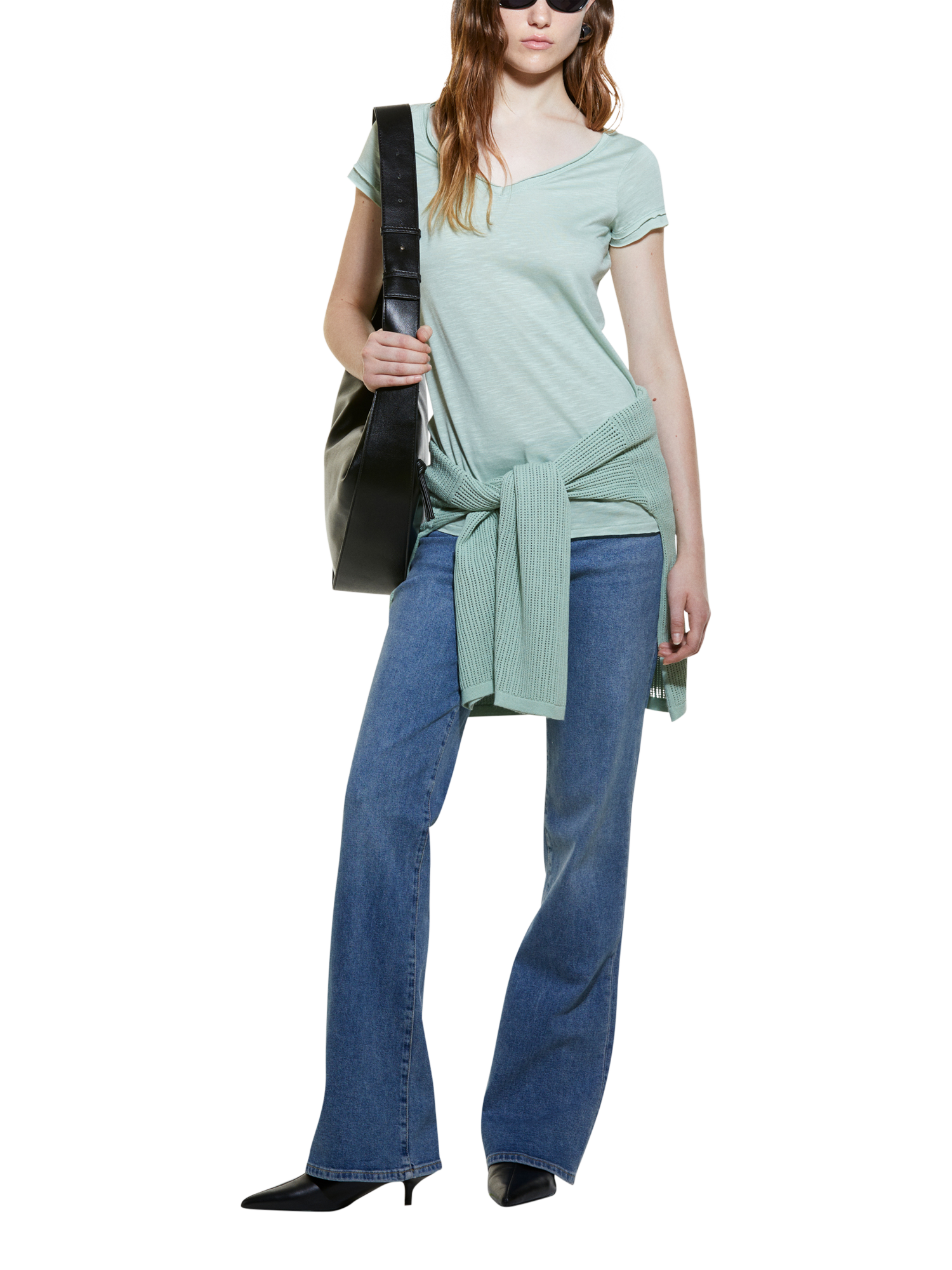 Product image 3 of 5, which shows SISLEY Cotton Blend V-Neck T-Shirt, Light Green, XS