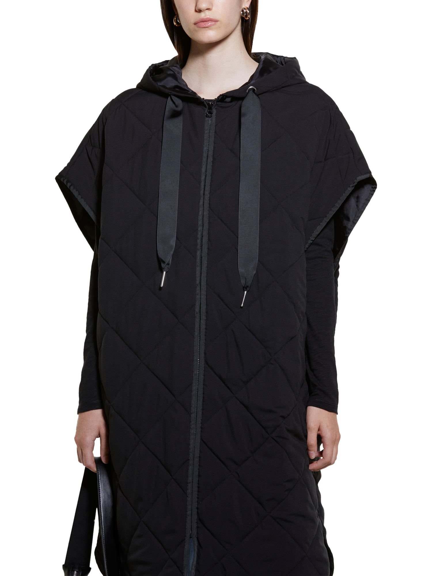SISLEY Hooded Quilted Cape Coat, Black