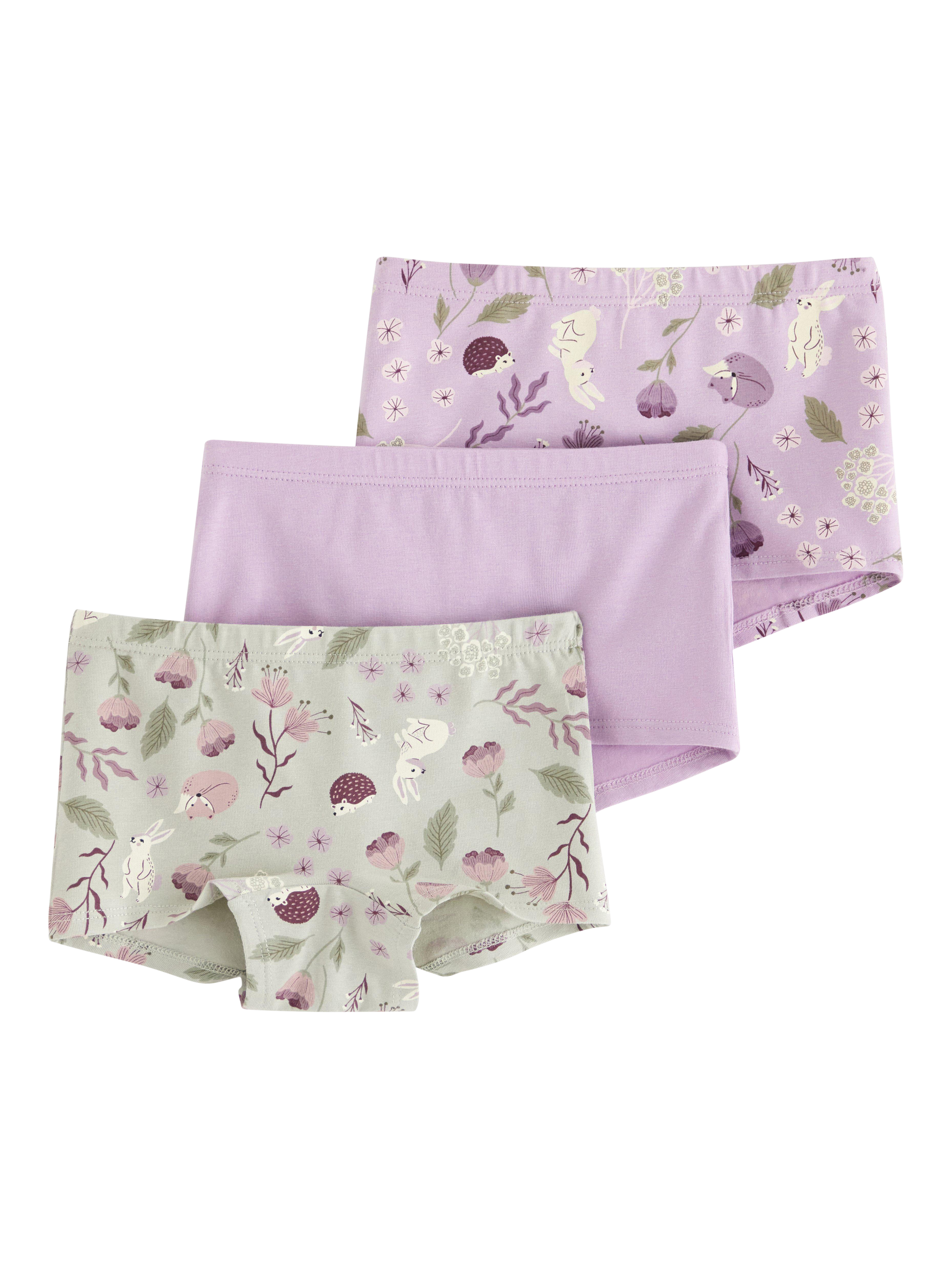 Product image 1 of 3, which shows Lindex Kids' Woodland Animal Shortie Briefs, Pack of 3, Light Lilac, 2-4 years