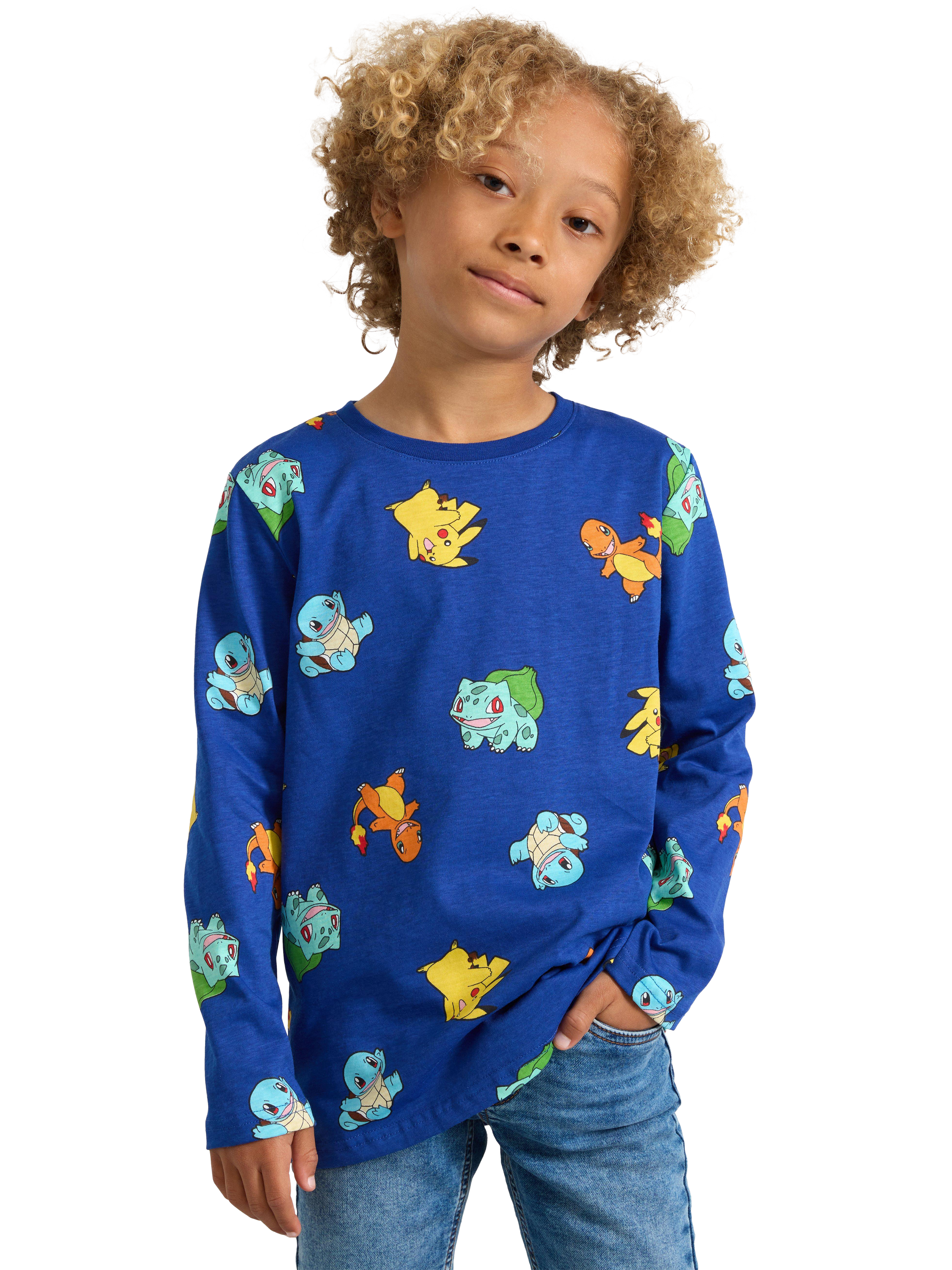 Product image 1 of 6, which shows Lindesx Kids' Organic Cotton Pokemon Long Sleeve Top, Blue/Multi, 3-4 years