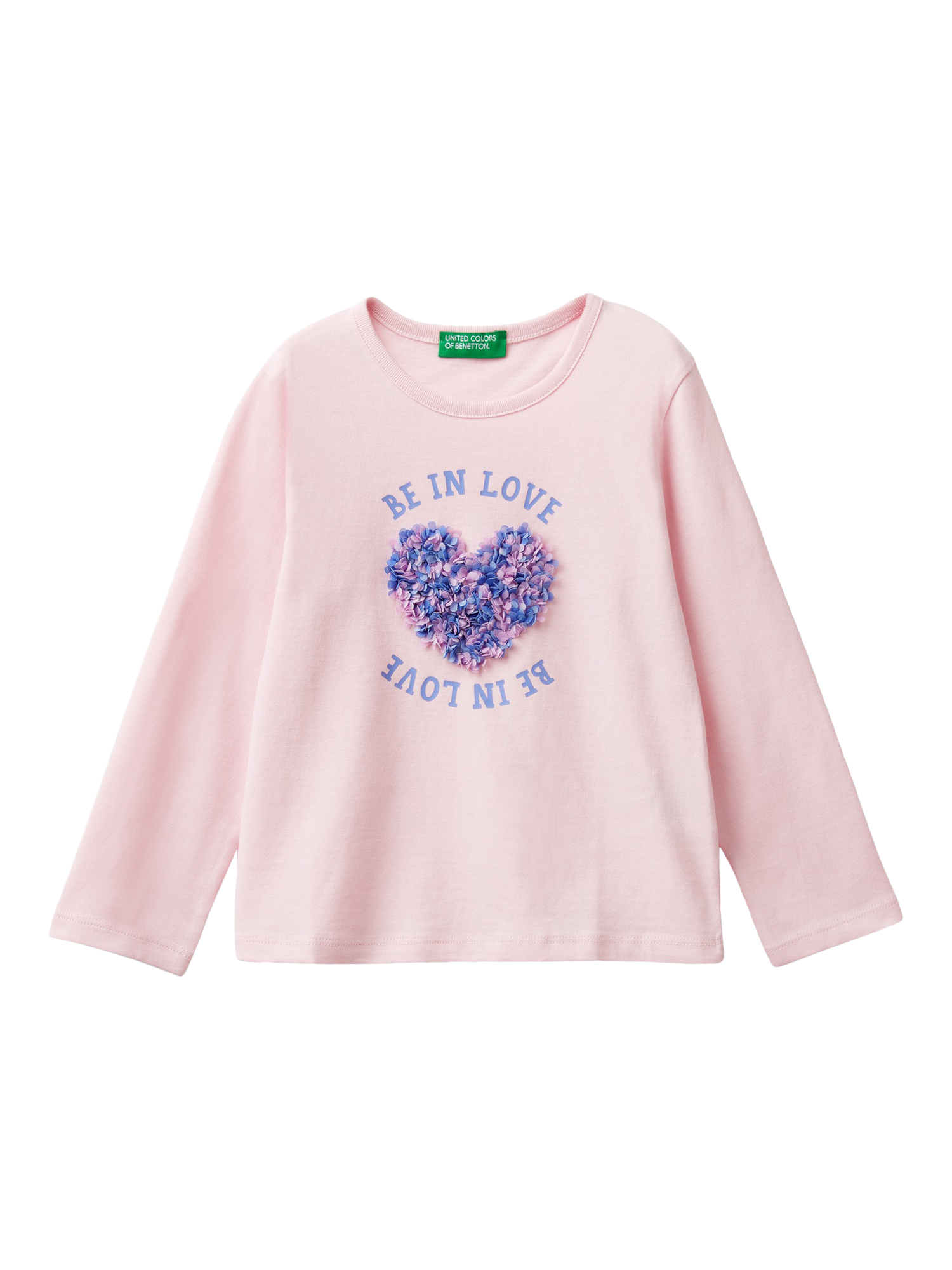 Benetton Long Sleeve Textured Tulle Heart Cotton T-Shirt, Pink