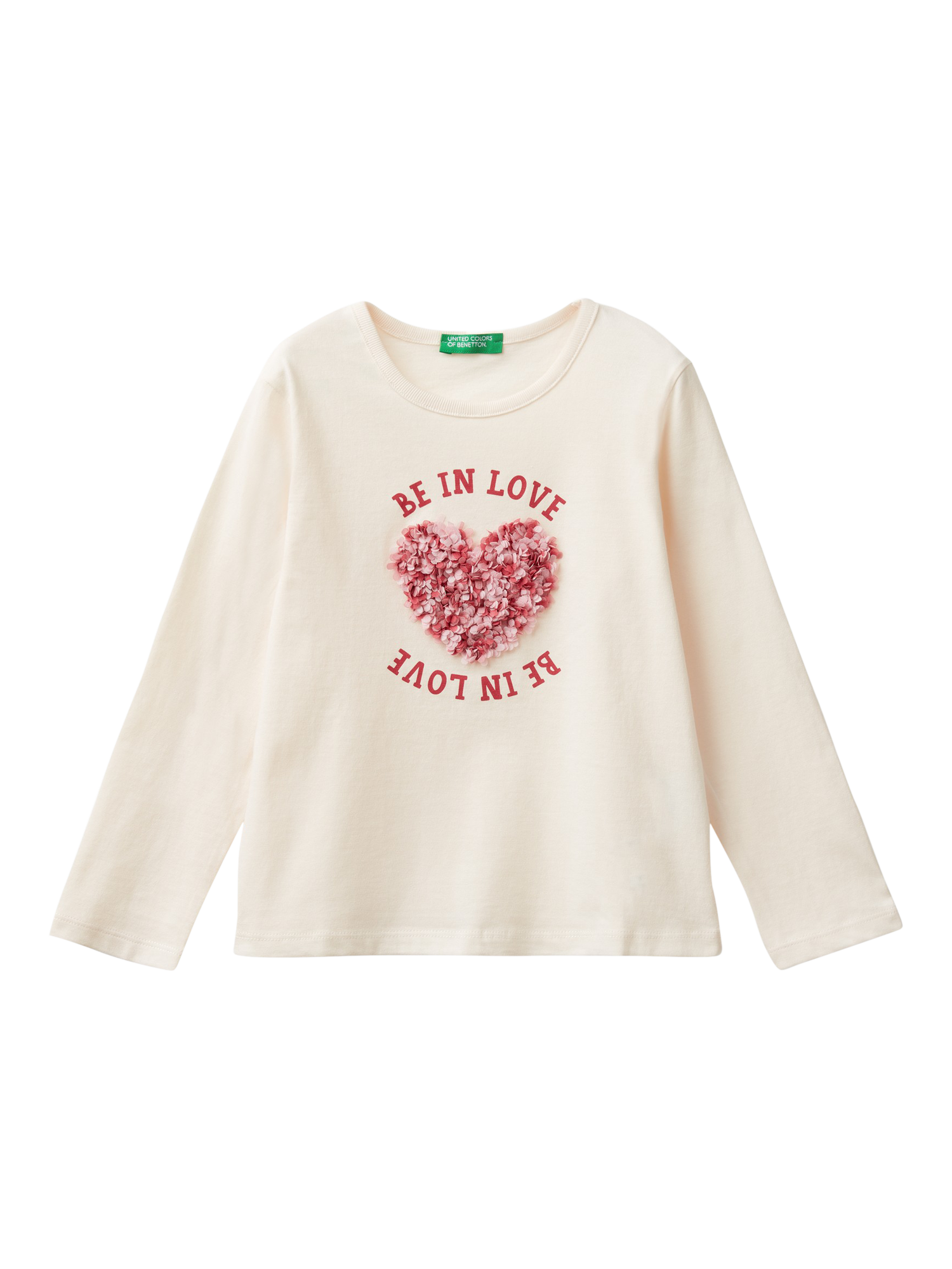 Benetton Long Sleeve Textured Tulle Heart Cotton T-Shirt