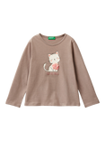 Benetton Long Sleeve Textured Tulle Cat Cotton T-Shirt, Taupe