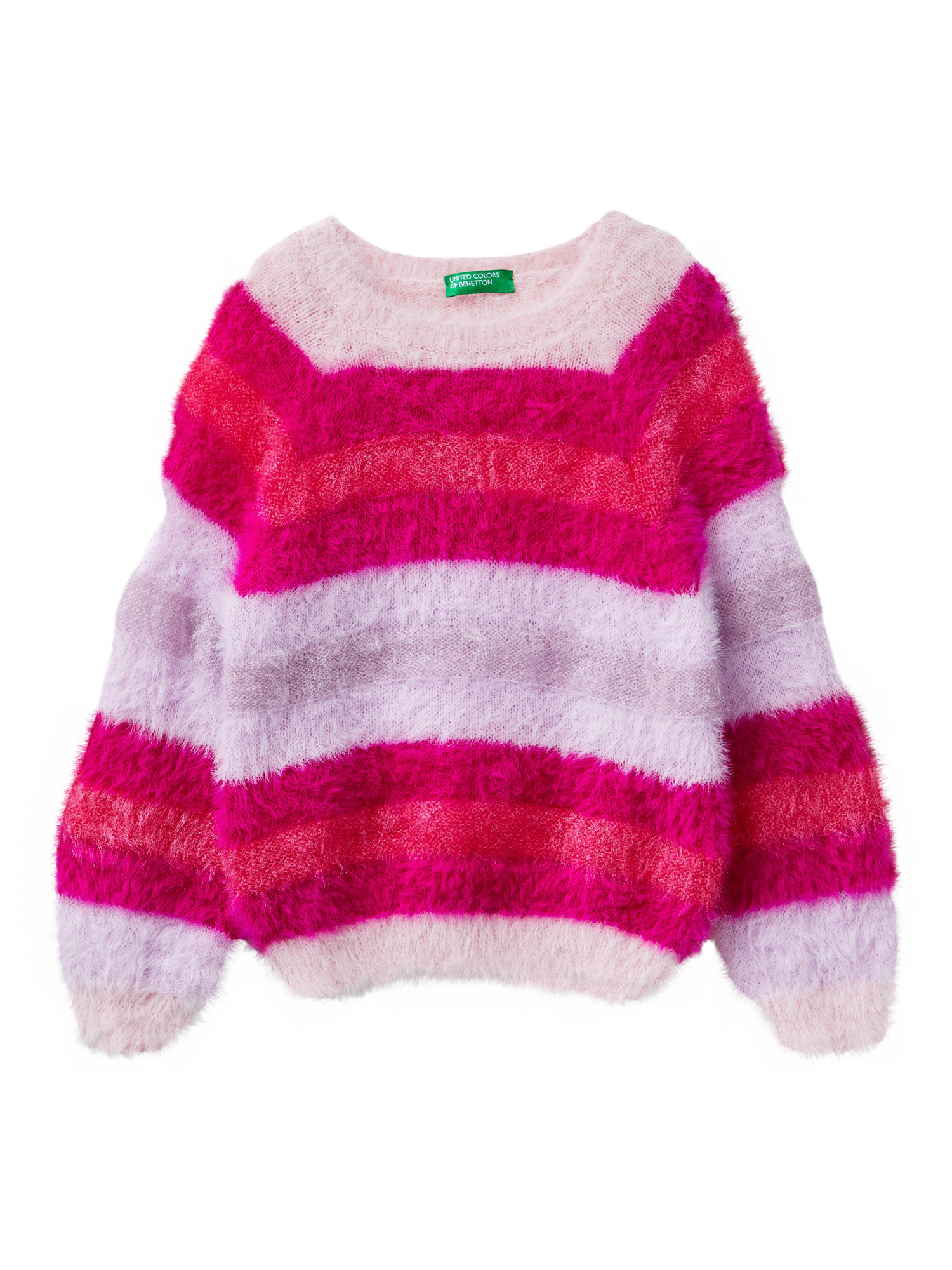 Product image 1 of 3, which shows Benetton Kids' Fluffy Stripe Jumper, Pink/Multi, 3-4 years